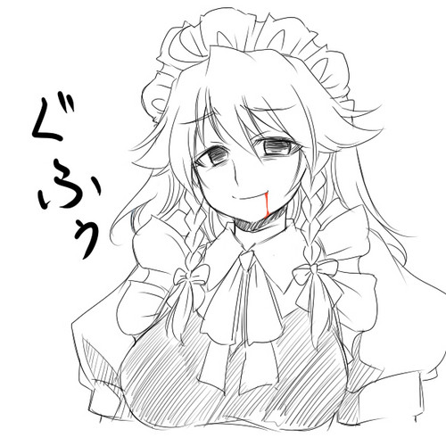 tajima yuuki, izayoi sakuya, touhou, lowres, 1girl, blood, braid, breasts, female focus, greyscale, hairband, maid, monochrome, ribbon, short hair, solo, spot color, twin braids, upper body, white background