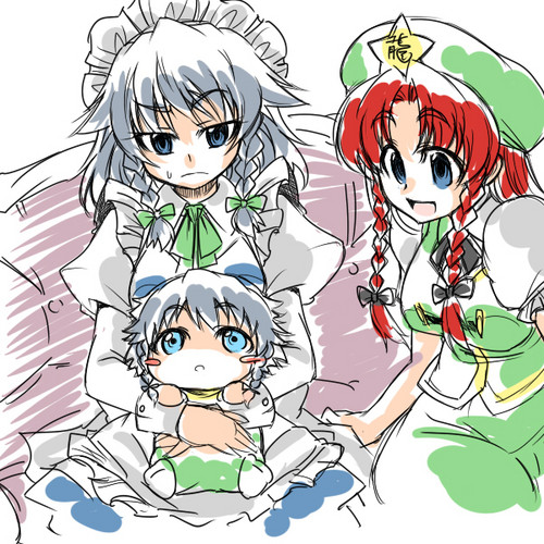 tajima yuuki, hong meiling, izayoi sakuya, touhou, lowres, 3girls, baby, blue eyes, braid, breasts, child, female focus, hairband, hat, if they mated, multiple girls, ribbon, sitting, twin braids