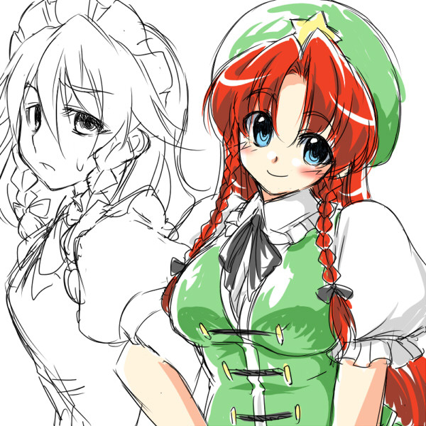 tajima yuuki, hong meiling, izayoi sakuya, embodiment of scarlet devil, touhou, 2girls, blue eyes, blush, braid, breasts, female focus, hairband, hat, maid, multiple girls, partially colored, red hair, ribbon, twin braids, upper body, white background