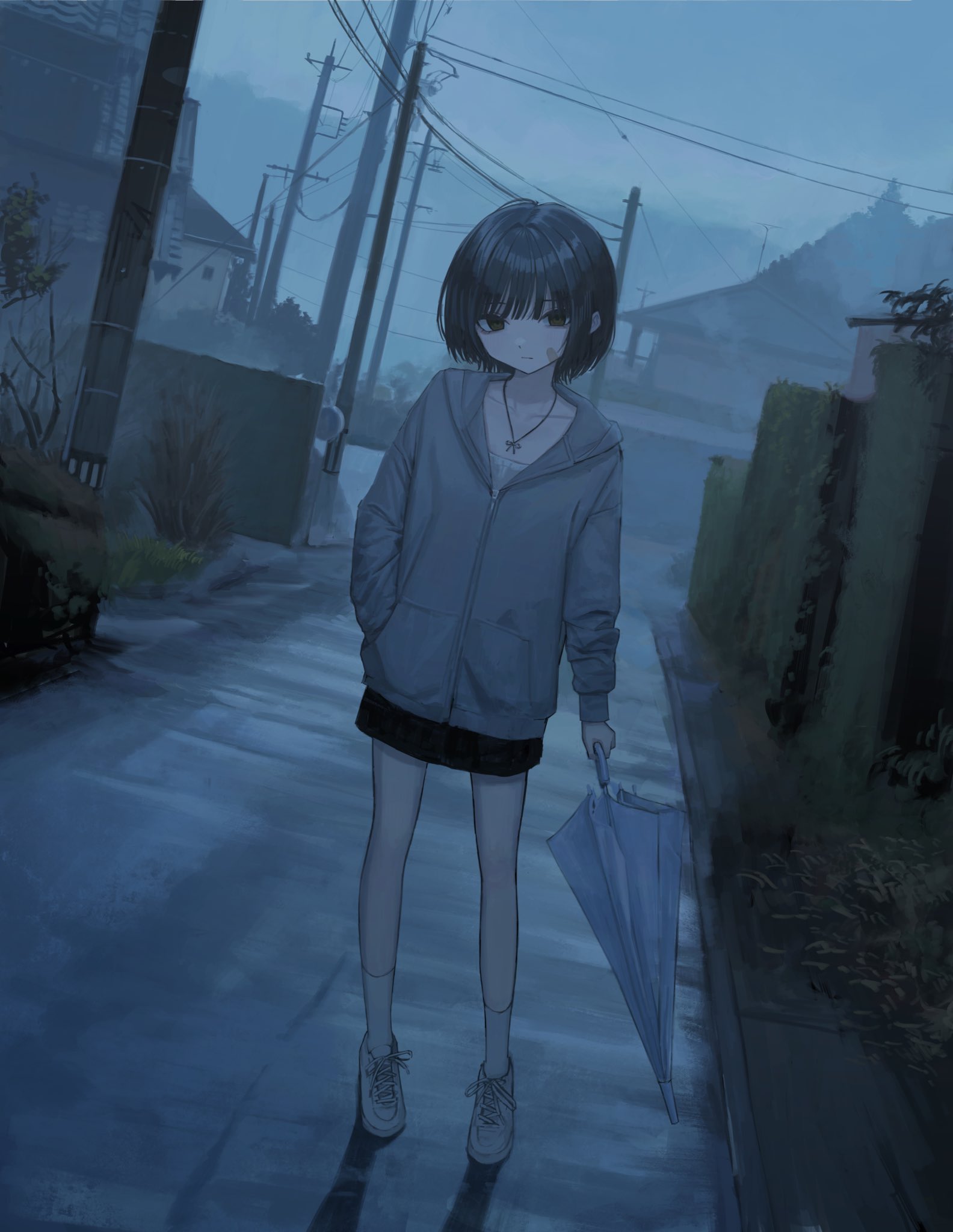 sakiika0513, original, highres, 1girl, bandaid, bandaid on cheek, bandaid on face, black hair, black skirt, bow necklace, brown eyes, building, closed mouth, collarbone, dutch angle, full body, grey jacket, hand in pocket, holding, holding umbrella, jacket, jewelry, miniskirt, necklace, outdoors, power lines, shadow, shirt, shoes, short hair, skirt, sneakers, socks, solo, umbrella, utility pole, white shirt, white shoes, white socks