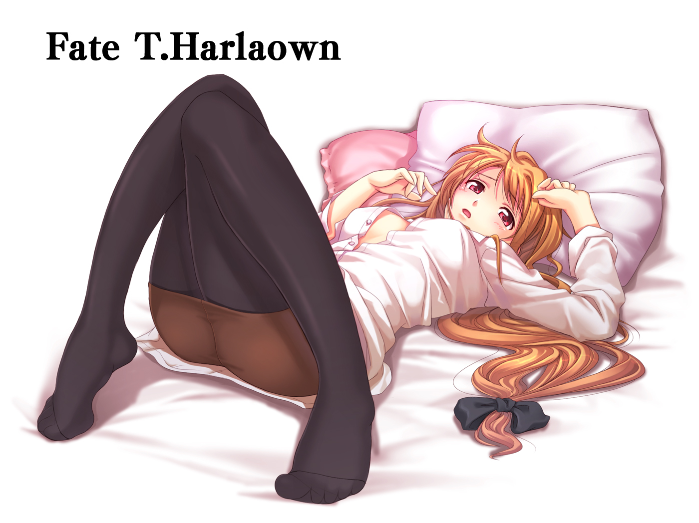 chobipero, fate testarossa, lyrical nanoha, mahou shoujo lyrical nanoha, mahou shoujo lyrical nanoha strikers, 00s, 1girl, bed, blonde hair, character name, feet, female focus, hair ribbon, legs, long hair, low-tied long hair, lying, open clothes, open shirt, pantyhose, pillow, red eyes, ribbon, shirt, solo, very long hair