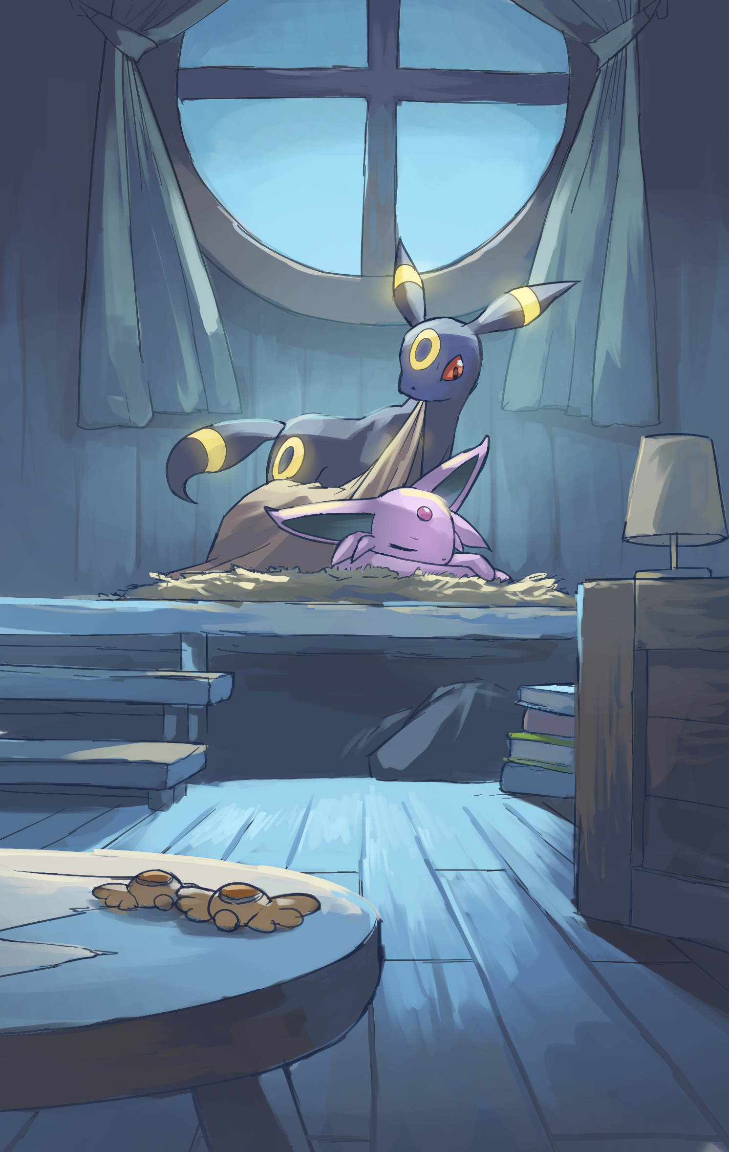 yamaori (hakkentai pokedan), espeon, umbreon, nintendo, pokemon, highres, black fur, closed eyes, forehead jewel, gen 2 pokemon, indoors, lamp, night, no humans, pink fur, pokemon (creature), red eyes, sleeping, table, two-tone fur, window, wooden floor, yellow fur