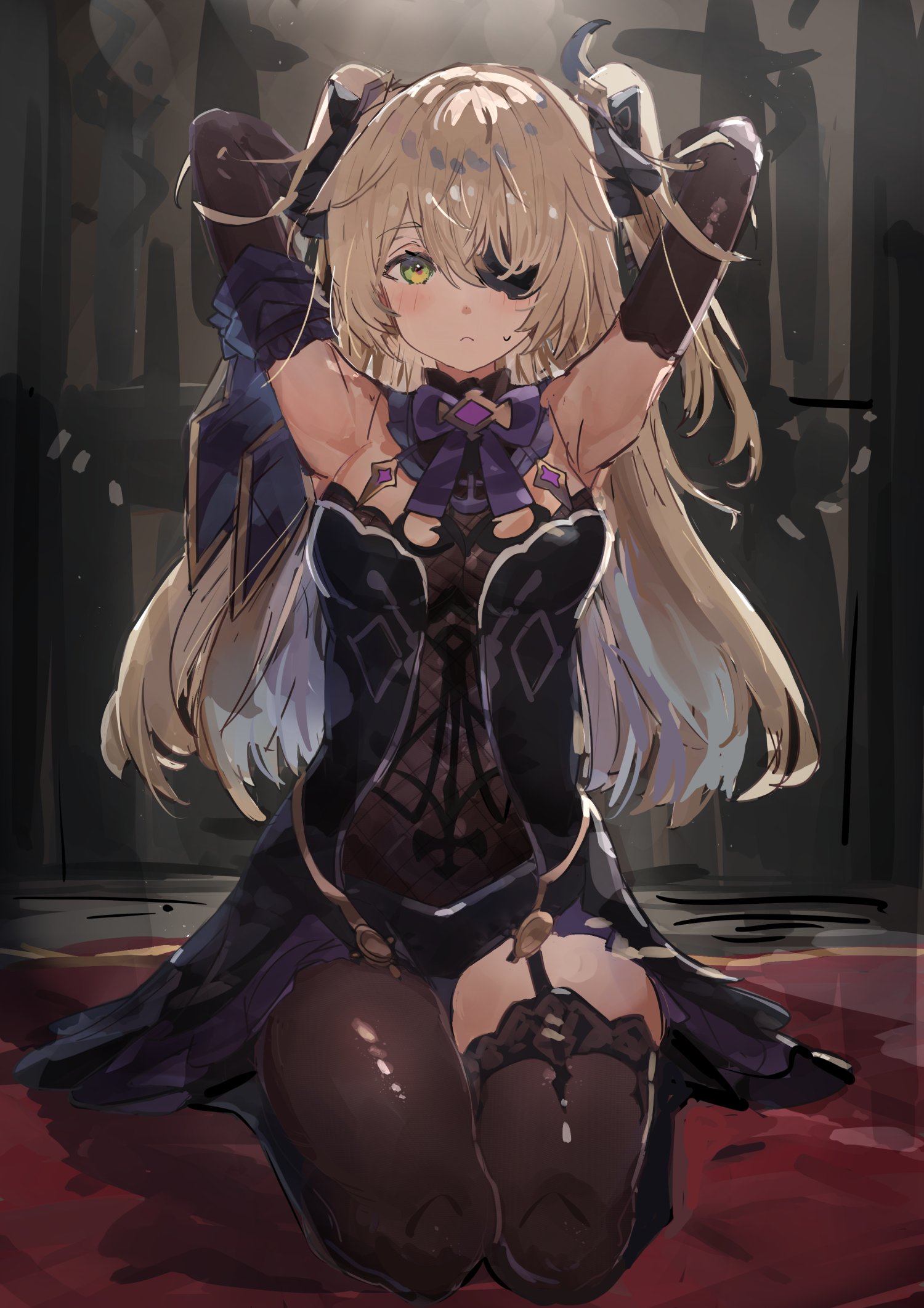 the olphy, fischl (genshin impact), genshin impact, highres, redrawn, 1girl, armpits, bare shoulders, black ribbon, blonde hair, blush, bow, bowtie, breasts, collar, eyepatch, green eyes, hair over one eye, hair ribbon, kneeling, leotard, long hair, looking at viewer, medium breasts, open mouth, purple bow, purple bowtie, ribbon, single thighhigh, solo, thighhighs, two side up