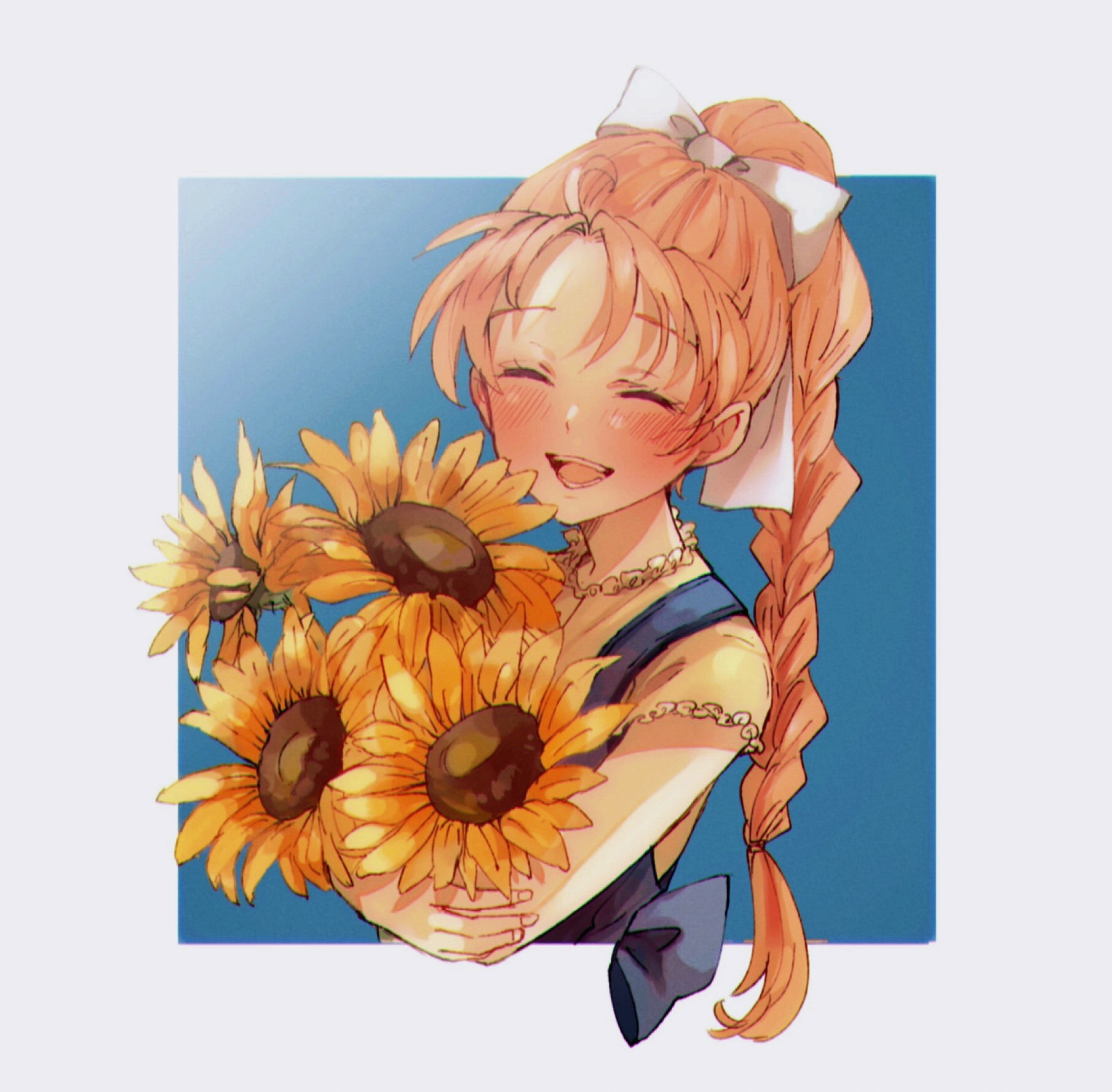 roji (c2263r), ran (bokujou monogatari), bokujou monogatari, bokujou monogatari 2, commentary request, highres, 1girl, blue background, blue overalls, blush, border, bouquet, braid, closed eyes, flower, frills, hair ribbon, long hair, orange hair, outside border, overalls, ponytail, ribbon, shirt, simple background, smile, solo, sunflower, white border, white ribbon, yellow flower, yellow shirt
