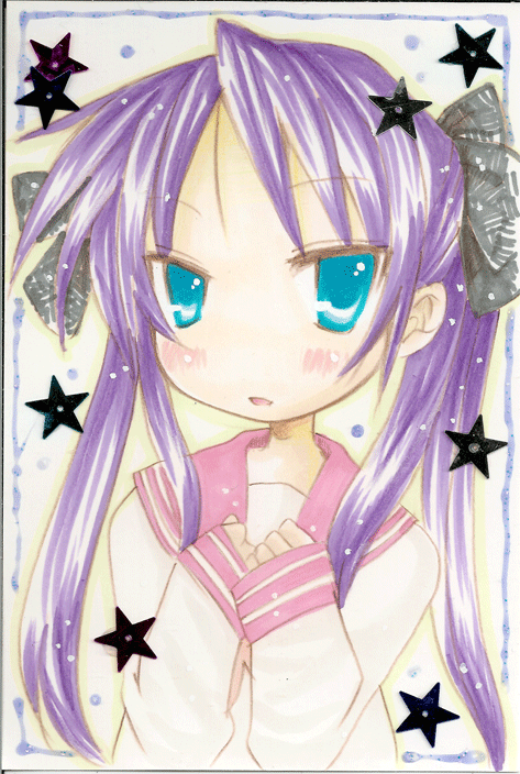 emo (artist), emo (mikan), hiiragi kagami, lucky star, bad id, bad pixiv id, 00s, blue eyes, long hair, purple hair, school uniform, serafuku, solo, twintails