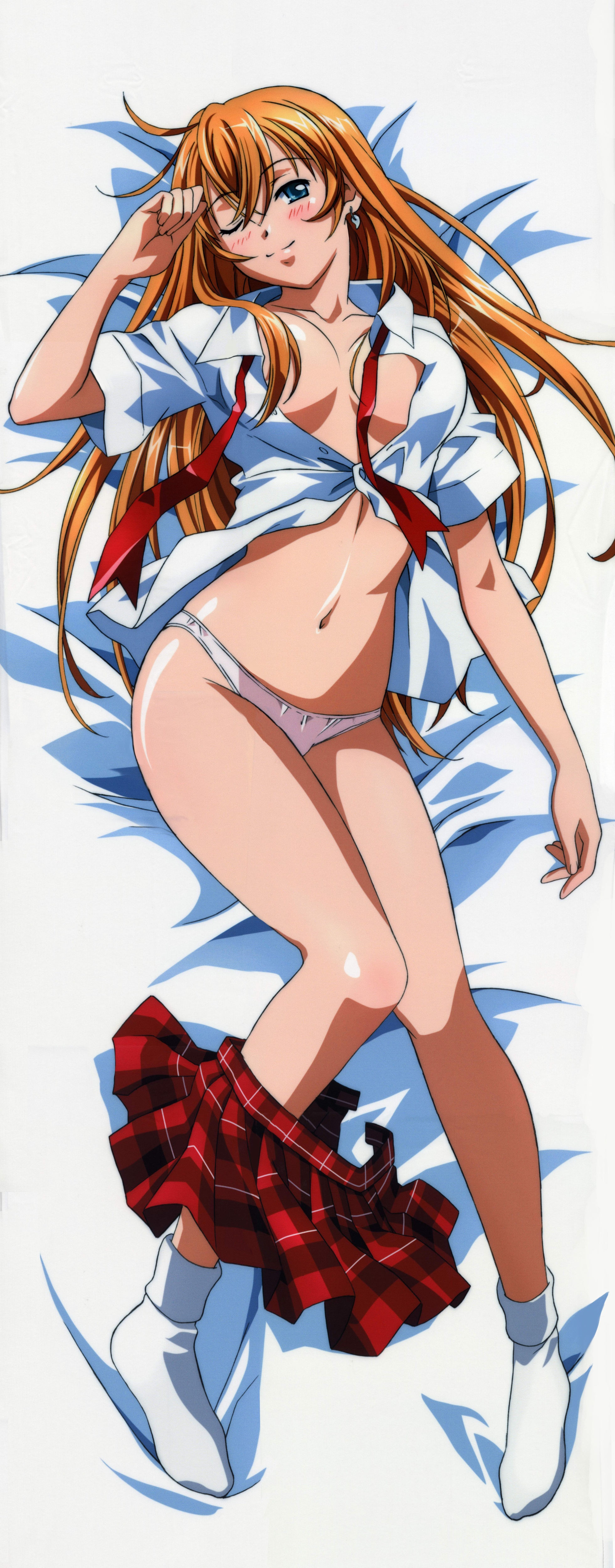 rin-sin, sonsaku hakufu, ikkitousen, ikkitousen great guardians, untied, absurdres, highres, long image, official art, scan, tall image, 00s, 1girl, ;), ahoge, antenna hair, bed sheet, blonde hair, blue eyes, blush, bobby socks, breasts, breasts apart, buttons, dakimakura (medium), earrings, female focus, from above, full body, green eyes, hair between eyes, head tilt, indoors, jewelry, knees together feet apart, large breasts, legs, light smile, long hair, long legs, looking at viewer, lying, magatama, miniskirt, narrow waist, navel, necktie, no bra, on back, on bed, one eye closed, open clothes, open shirt, open skirt, orange hair, panties, plaid clothes, plaid skirt, pleated skirt, red skirt, school uniform, shirt, short sleeves, single earring, skirt, skirt around one leg, smile, socks, solo, unbuttoned, underwear, very long hair, white panties, white shirt, wing collar, wink