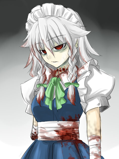 tajima yuuki, izayoi sakuya, touhou, silver hair, 1girl, amputee, blood, braid, dress, empty eyes, female focus, gradient background, hairband, maid, red eyes, ribbon, scar, short hair, solo, stitches, twin braids, white background, zombie