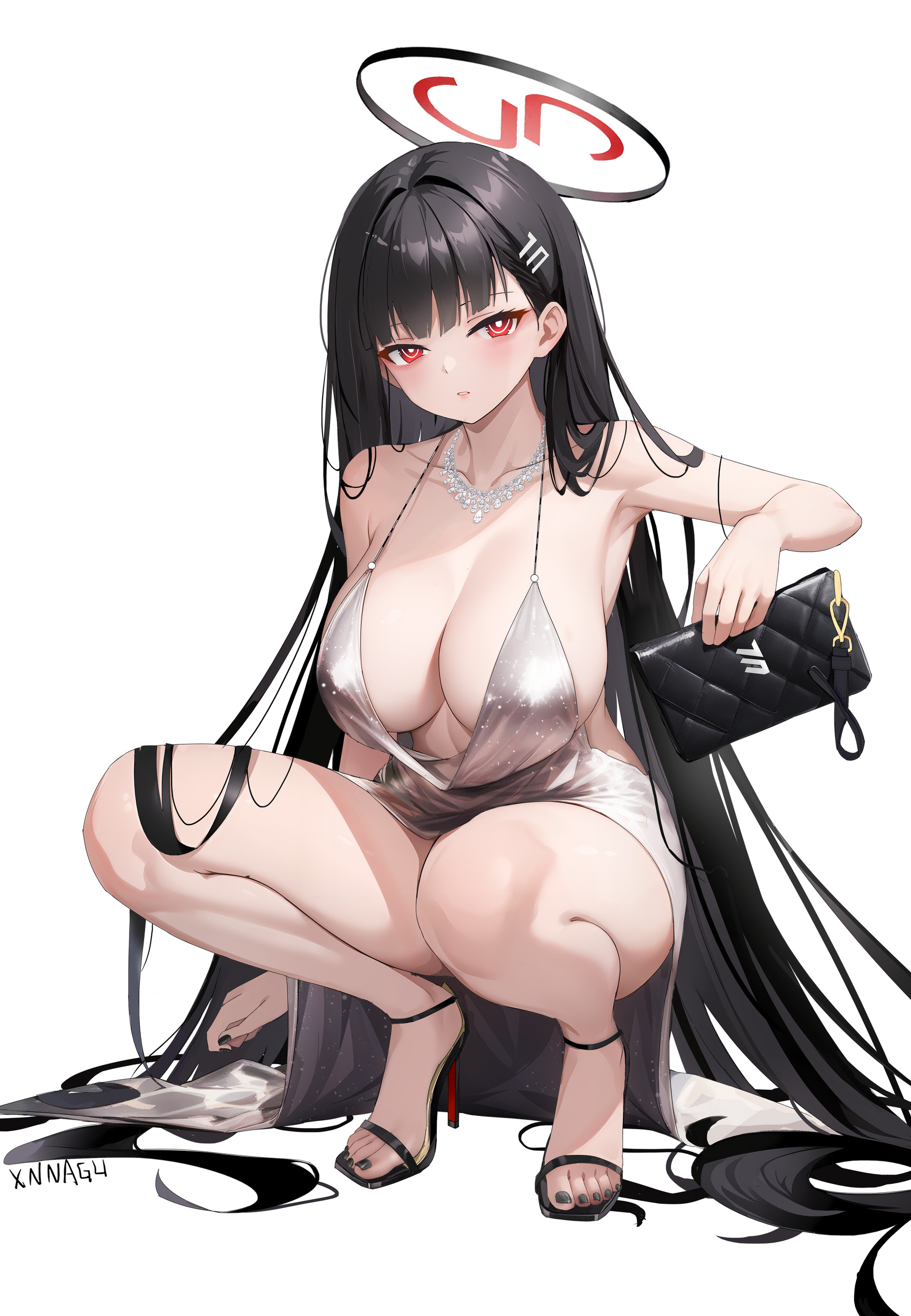 xnnagu, rio (blue archive), blue archive, absurdres, highres, 1girl, absurdly long hair, bag, bare legs, black hair, black nails, breasts, cleavage, dress, full body, hair ornament, halo, handbag, high heels, jewelry, large breasts, long hair, looking at viewer, nail polish, necklace, parted lips, plunging neckline, red eyes, silver dress, simple background, solo, squatting, thighs, toenail polish, toenails, very long hair, white background