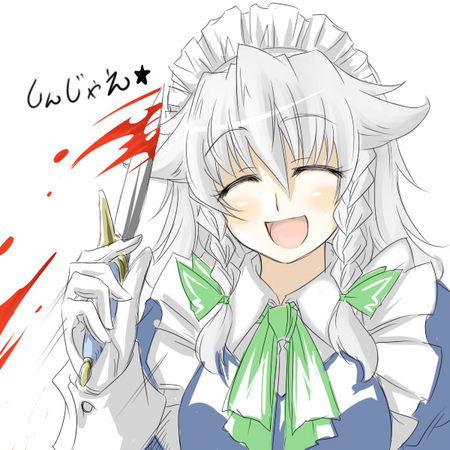 tajima yuuki, izayoi sakuya, touhou, silver hair, lowres, translated, 1girl, blood, braid, female focus, gloves, hairband, knife, maid, ribbon, short hair, smile, solo, throwing knife, twin braids, upper body, weapon, white background