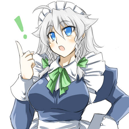 tajima yuuki, izayoi sakuya, touhou, silver hair, lowres, !, 1girl, blue eyes, braid, breasts, female focus, maid, ribbon, short hair, simple background, solo, twin braids, upper body, white background