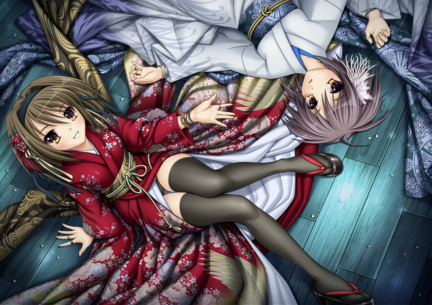 440 (straight440), nagato yuki, suzumiya haruhi, suzumiya haruhi no yuuutsu, light purple hair, bad id, bad pixiv id, 00s, 2girls, brown hair, hairband, japanese clothes, kimono, multiple girls, panties, short hair, tabi, thighhighs, underwear, zettai ryouiki