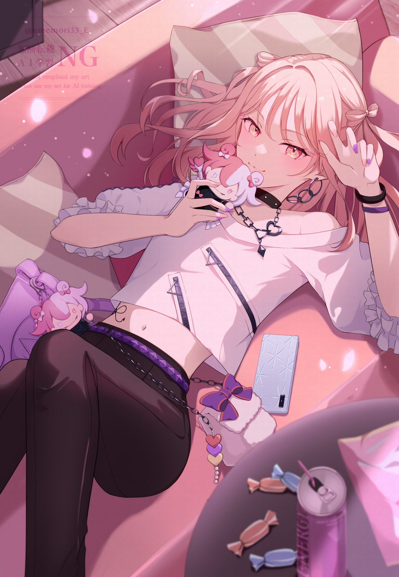 umemori mai, akiyama mizuki, project sekai, highres, 1other, bag, black choker, black pants, bracelet, can, candy, cellphone, choker, couch, crop top, drink can, food, frilled sleeves, frills, handbag, jewelry, long hair, looking at viewer, lying, midriff, off shoulder, on back, on couch, pants, phone, pillow, pink eyes, pink hair, purple nails, shirt, smartphone, solo, white shirt