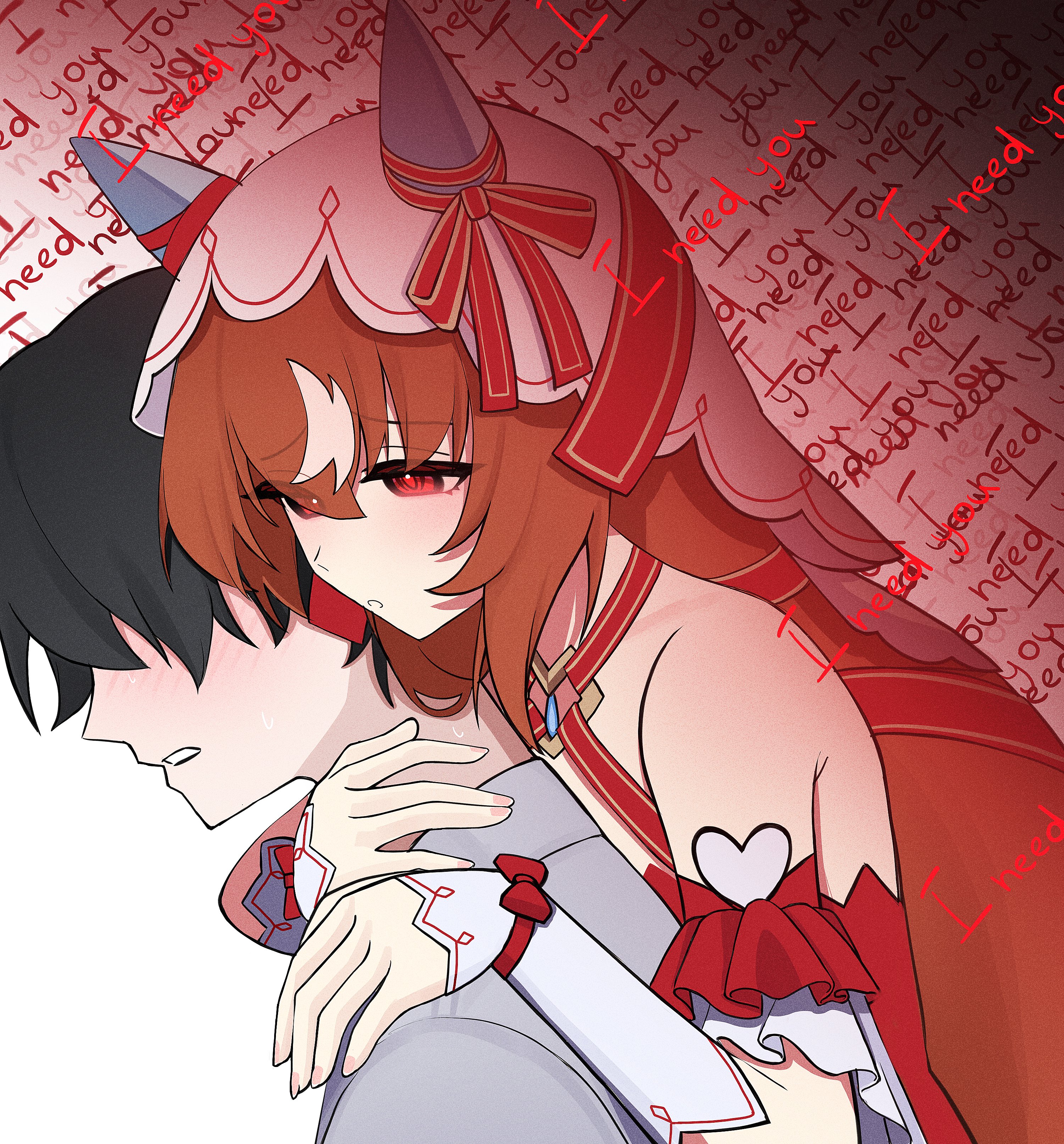 silenzuka, still in love (scarlet vow raiment) (umamusume), still in love (umamusume), trainer (umamusume), umamusume, absurdres, highres, 1boy, 1girl, animal ears, bare shoulders, black hair, blush, brown hair, detached sleeves, dress, ears under headwear, english text, from above, hair between eyes, horse ears, horse girl, hug, hug from behind, long hair, red dress, red ribbon, ribbon, veil, white arm warmers, white streaks, white veil, yandere