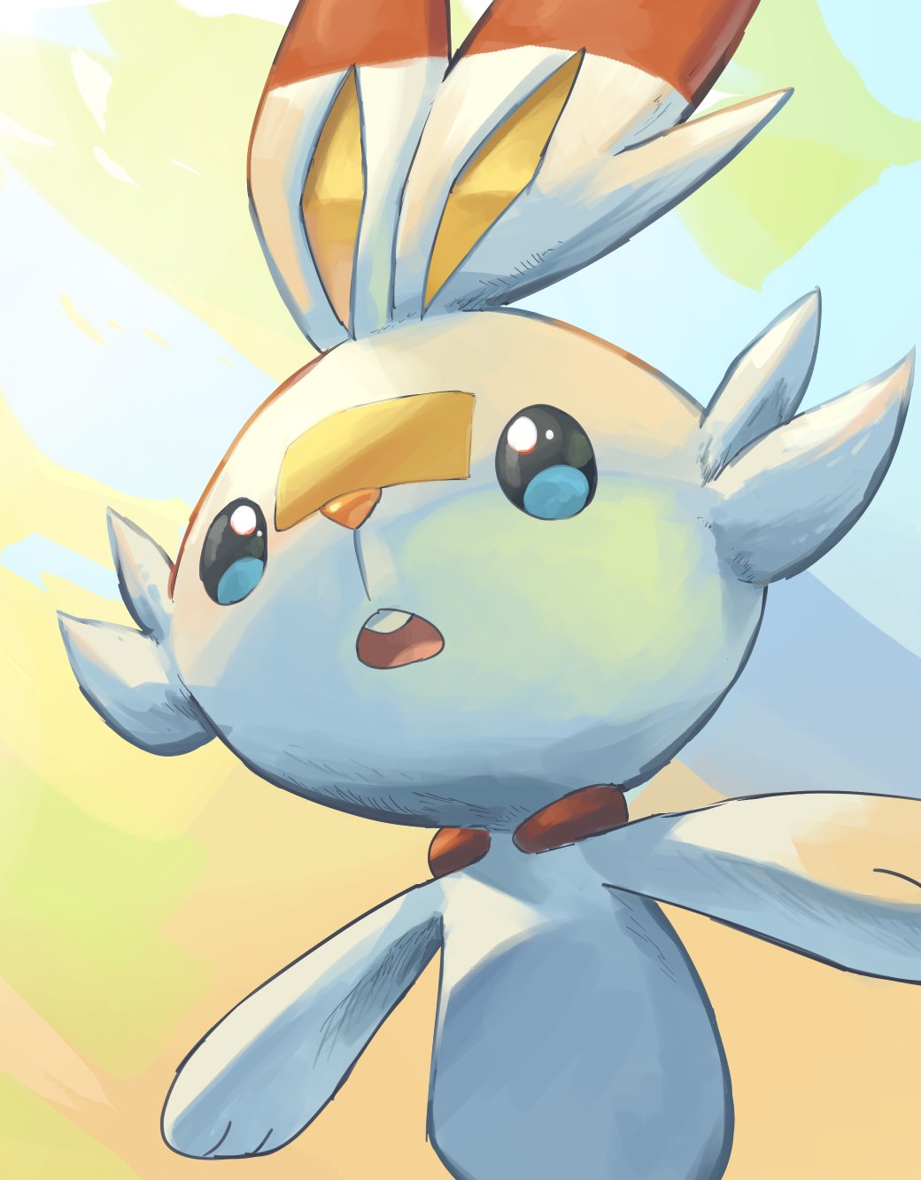 yamaori (hakkentai pokedan), scorbunny, nintendo, pokemon, highres, gen 8 pokemon, no humans, open mouth, pokemon (creature), solo, teeth, upper body, upper teeth only, white fur