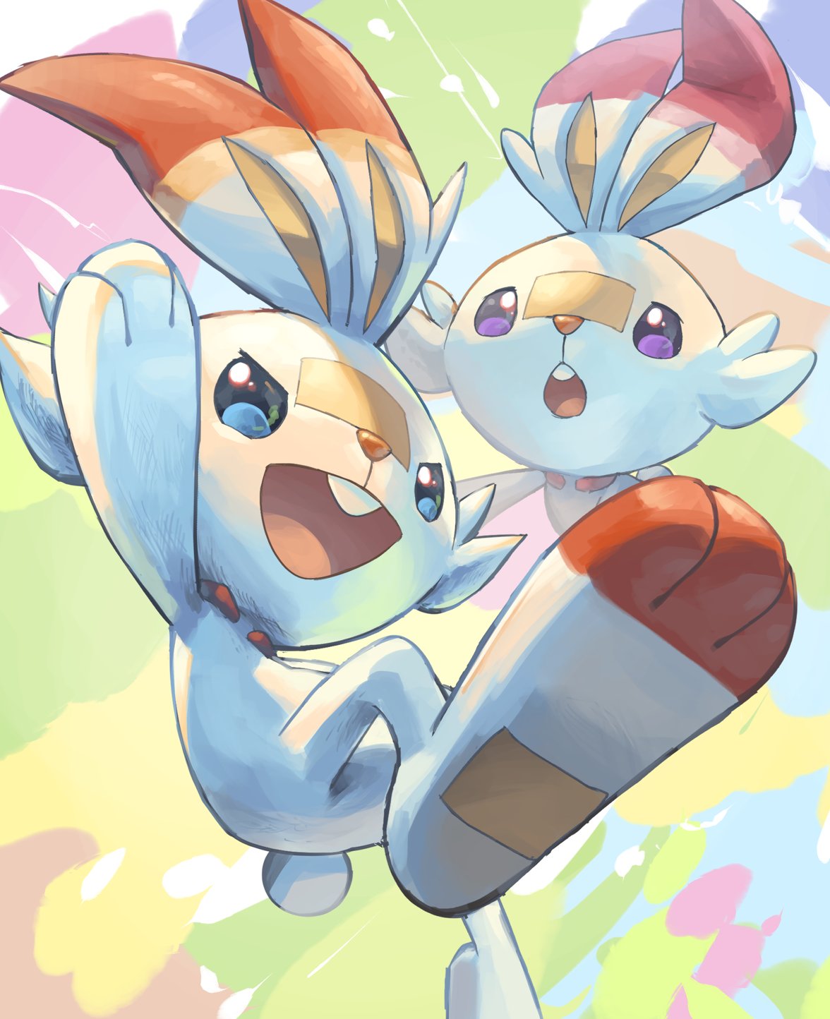 yamaori (hakkentai pokedan), scorbunny, nintendo, pokemon, highres, blue eyes, gen 8 pokemon, looking at viewer, multiple views, no humans, open mouth, pokemon (creature), purple eyes, upper body, white fur