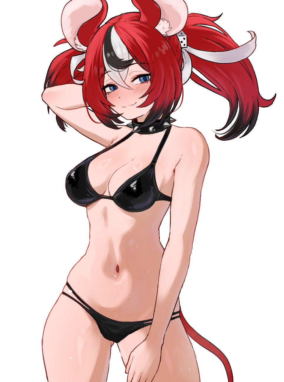 brikot, hakos baelz, hololive, hololive english, highres, 1girl, animal ear fluff, animal ears, arm up, bikini, black bikini, blue eyes, blush, breasts, cleavage, closed mouth, collar, cowboy shot, dice hair ornament, hair ornament, medium breasts, mouse ears, mouse girl, mouse tail, multicolored hair, navel, simple background, smile, solo, spiked collar, spikes, stomach, streaked hair, swimsuit, tail, twintails, virtual youtuber, white background