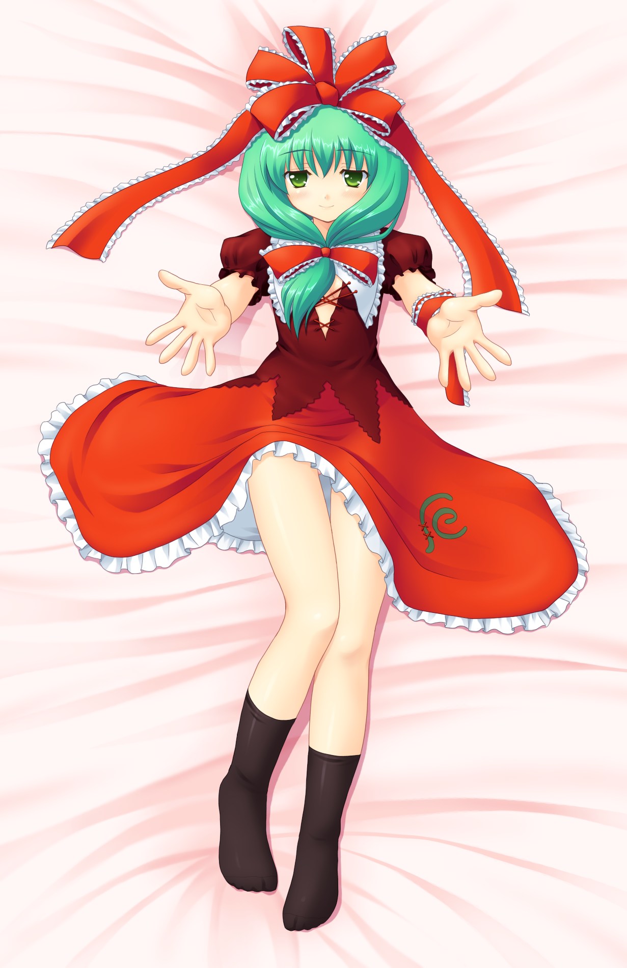 yamasan, kagiyama hina, touhou, highres, 1girl, bed, bow, dakimakura (medium), feet, female focus, front ponytail, full body, green eyes, green hair, hair ribbon, lying, matching hair/eyes, no bra, outstretched arms, outstretched hand, reaching, ribbon, socks, solo