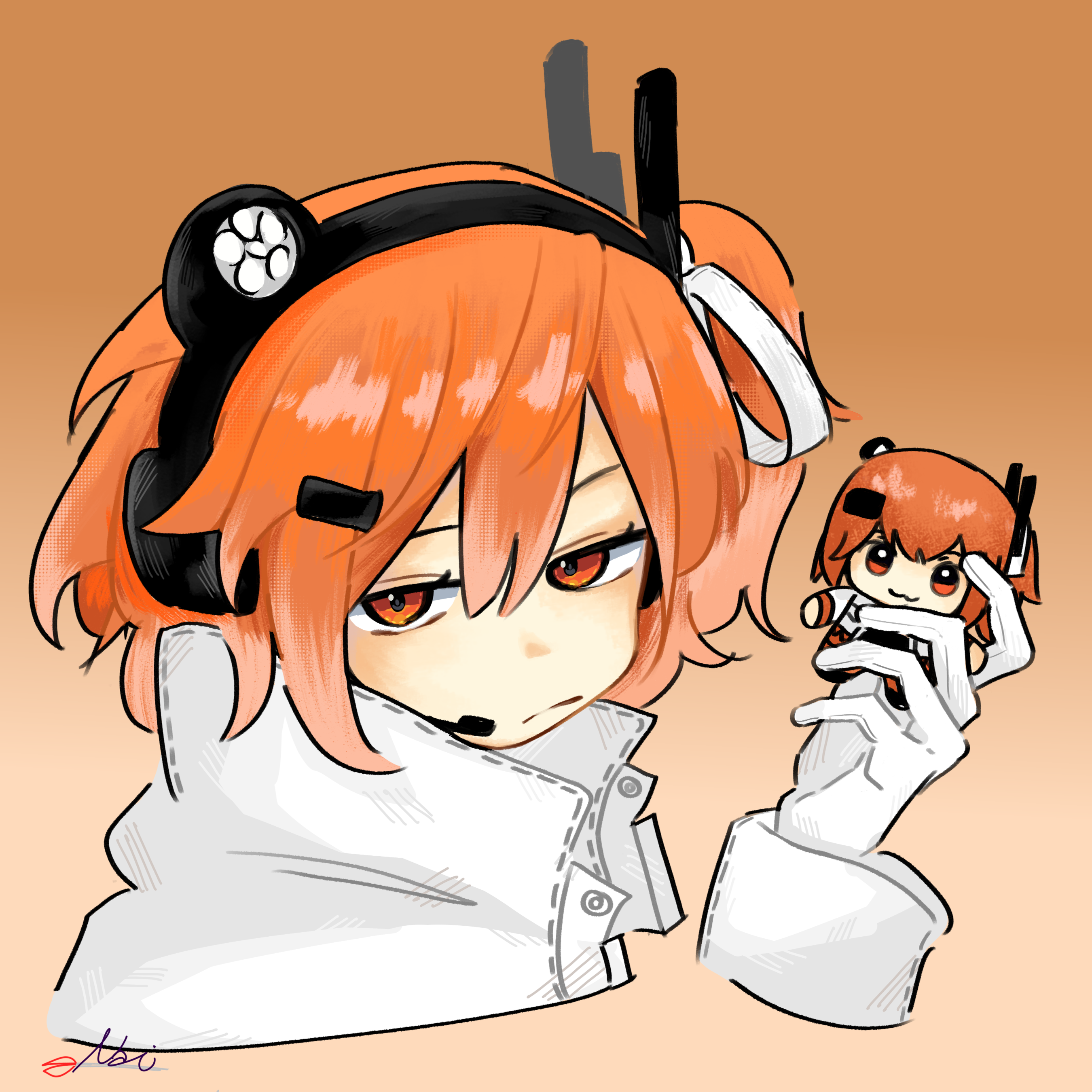 natsuzusakii, adachi rei, a.i. voice, utau, absurdres, commentary, english commentary, highres, 1girl, character doll, closed mouth, doll, gloves, hand up, headlamp, headset, holding, holding doll, jacket, long sleeves, looking at viewer, orange eyes, orange hair, solo, white gloves, white jacket