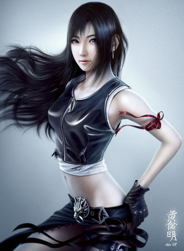 mario wibisono, tifa lockhart, final fantasy, final fantasy vii, final fantasy vii advent children, 00s, 1990s (style), 1girl, 3d, armband, belt, black hair, crop top, earrings, female focus, gloves, gradient background, jewelry, leather, lips, lipstick, long hair, makeup, midriff, navel, red ribbon, retro artstyle, ribbon, skirt, solo, thigh strap, torn clothes, vest, wind, zipper