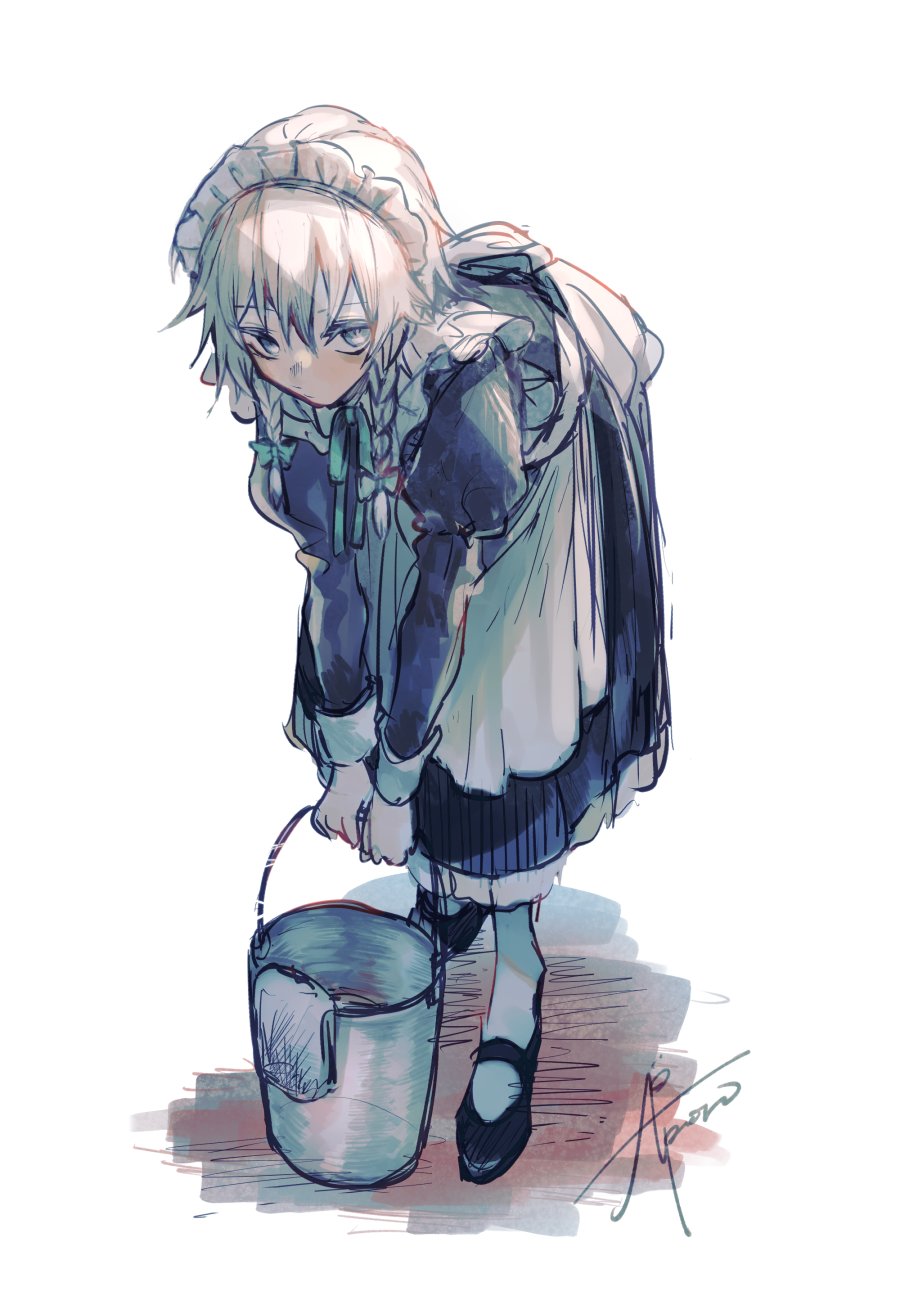 gensou aporo, izayoi sakuya, touhou, highres, 1girl, apron, artist name, black shoes, blue dress, blue eyes, braid, bucket, dress, grey hair, hair between eyes, leaning forward, long sleeves, maid headdress, medium hair, puffy sleeves, shoes, side braid, signature, simple background, solo, towel, twin braids, white apron, white background