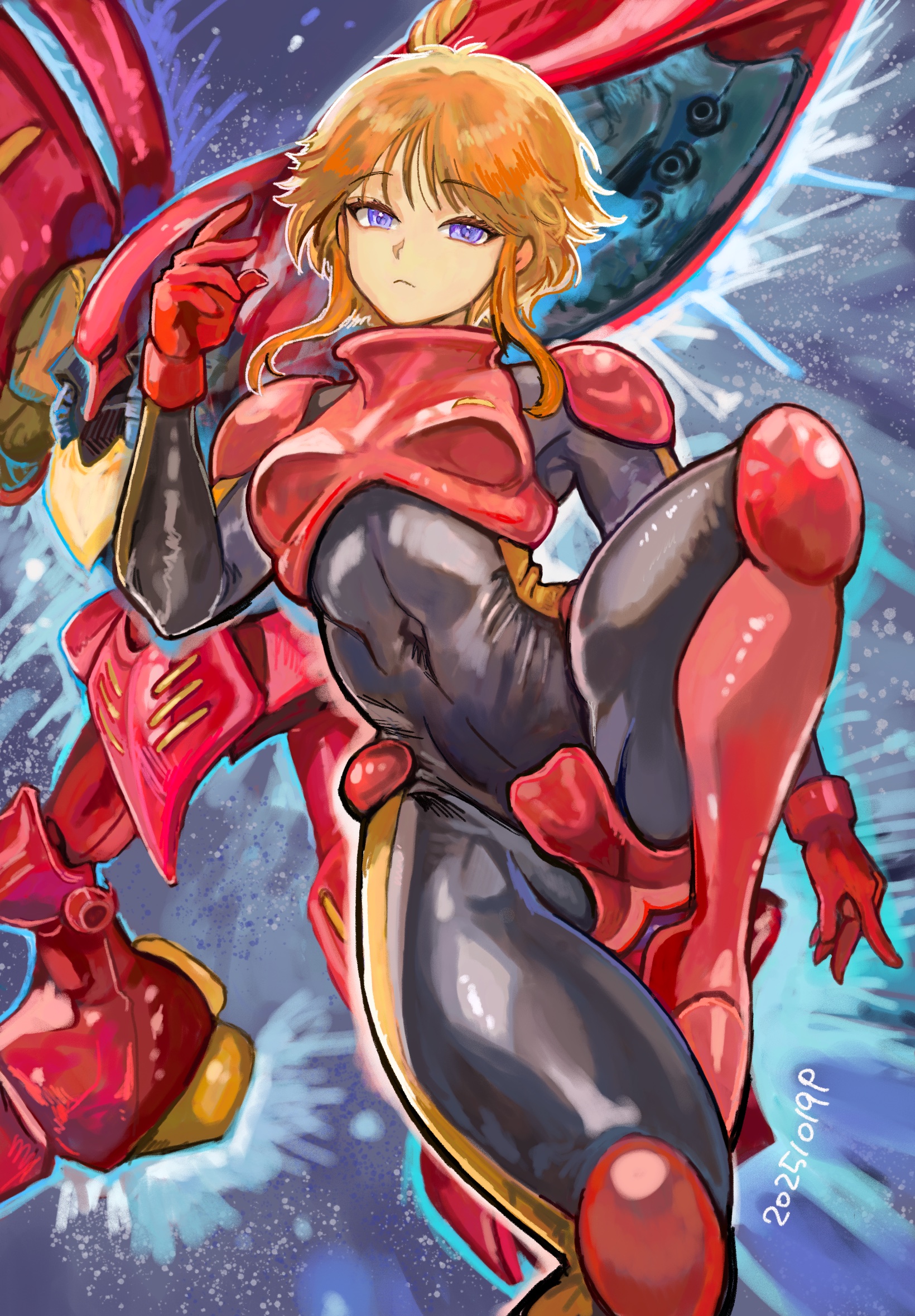 okrdisk2000, puru two, qubeley mk ii, gundam, gundam zz, commentary, highres, 1girl, bodysuit, breasts, dated, gloves, looking at viewer, mecha, mecha pilot suit, mobile suit, normal suit (gundam), orange hair, purple eyes, robot, science fiction, short hair, small breasts
