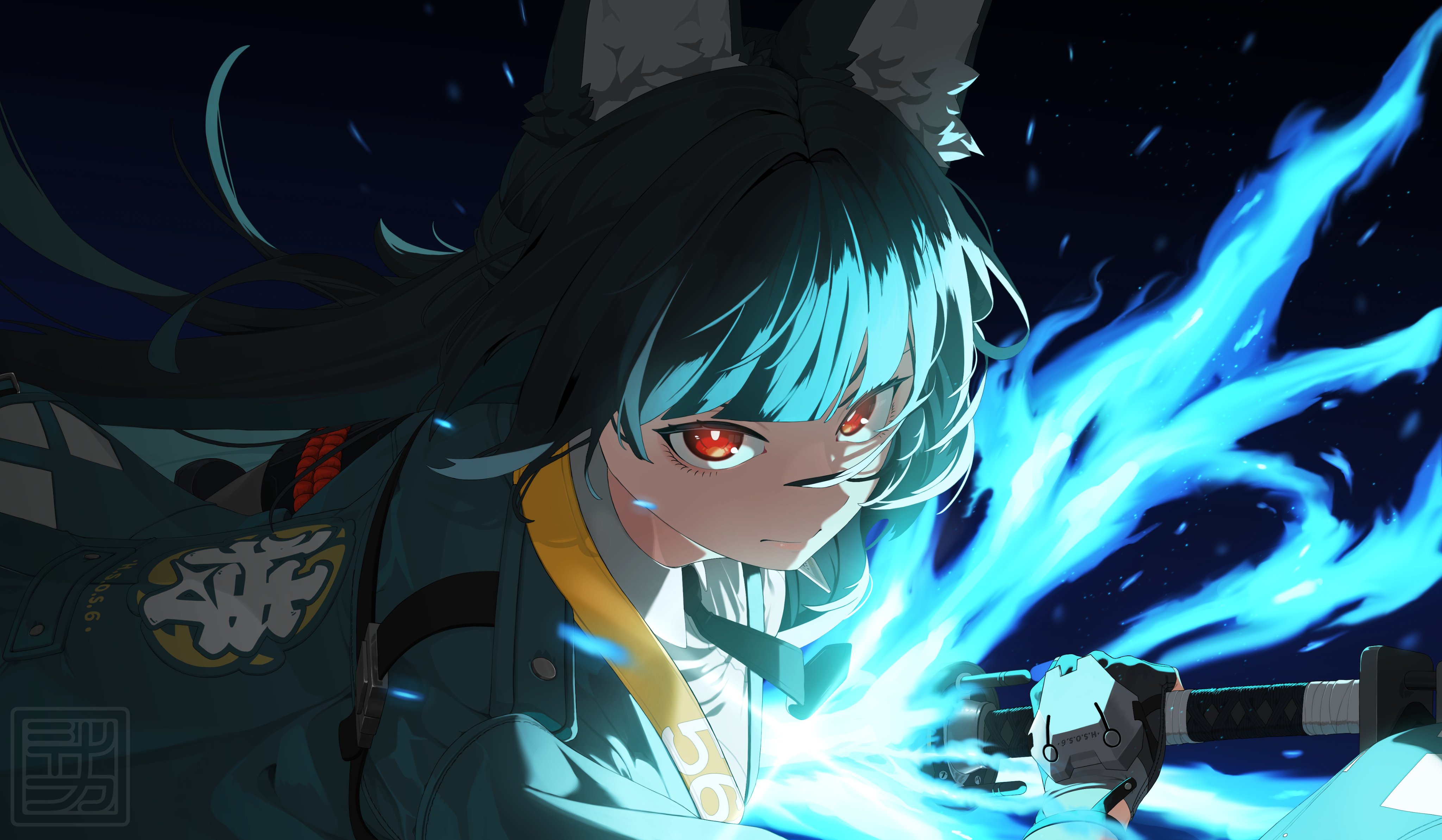 shinarika396, hoshimi miyabi, zenless zone zero, absurdres, commentary request, highres, 1girl, animal ear fluff, animal ears, aqua jacket, black background, black gloves, black hair, black necktie, blue fire, closed mouth, fingerless gloves, fire, fox ears, fox girl, gloves, holding, holding sword, holding weapon, jacket, katana, long hair, looking at viewer, necktie, red eyes, shirt, single fingerless glove, solo, sword, upper body, weapon, white shirt