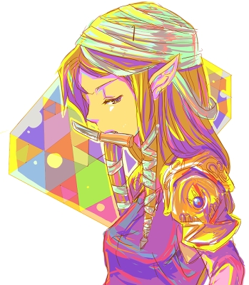 moromiso (miara427), princess zelda, sheik, nintendo, the legend of zelda, the legend of zelda: ocarina of time, the legend of zelda: twilight princess, lowres, 1girl, androgynous, bandages, breasts, colorful, knife, ninja, pointy ears, princess, reverse trap