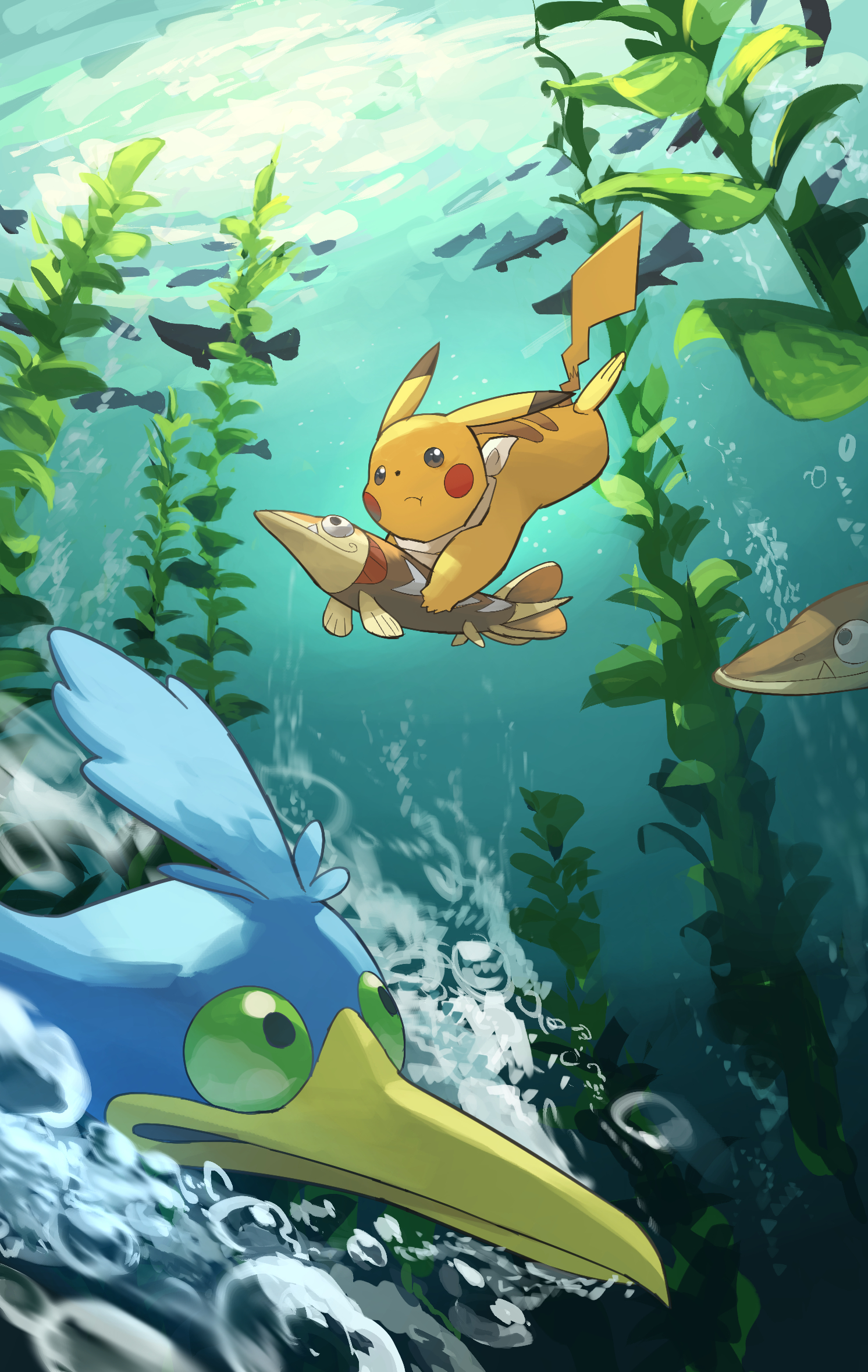 yamaori (hakkentai pokedan), arrokuda, cramorant, pikachu, nintendo, pokemon, highres, air bubble, beak, brown eyes, bubble, fish, gen 1 pokemon, gen 8 pokemon, green eyes, no humans, pokemon (creature), seaweed, tail, underwater, yellow fur