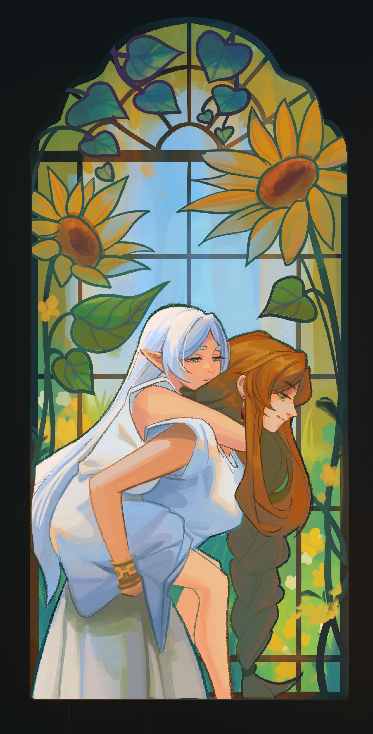 hanromi, flamme (sousou no frieren), frieren, sousou no frieren, absurdres, commentary, english commentary, highres, 2girls, braid, carrying, closed mouth, dress, elf, expressionless, flower, hair down, long hair, multiple girls, official alternate hairstyle, orange hair, piggyback, pointy ears, single braid, sleeveless, sleeveless dress, smile, stained glass, summer, sunflower, very long hair, white dress, white hair