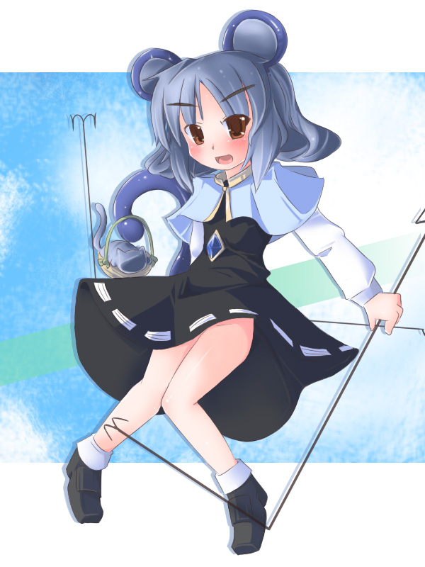 naik, nazrin, touhou, 1girl, animal ears, blue hair, cat, female focus, full body, legs, red eyes, solo, tail