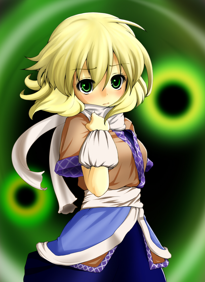 miki purasu, mizuhashi parsee, touhou, 1girl, arm warmers, blonde hair, female focus, gradient background, green eyes, scarf, solo, standing