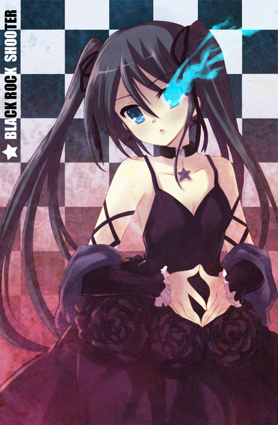peach88, black rock shooter (character), black rock shooter, vocaloid, bad id, bad pixiv id, 10s, 1girl, black hair, blue eyes, collar, dress, female focus, long hair, solo, twintails