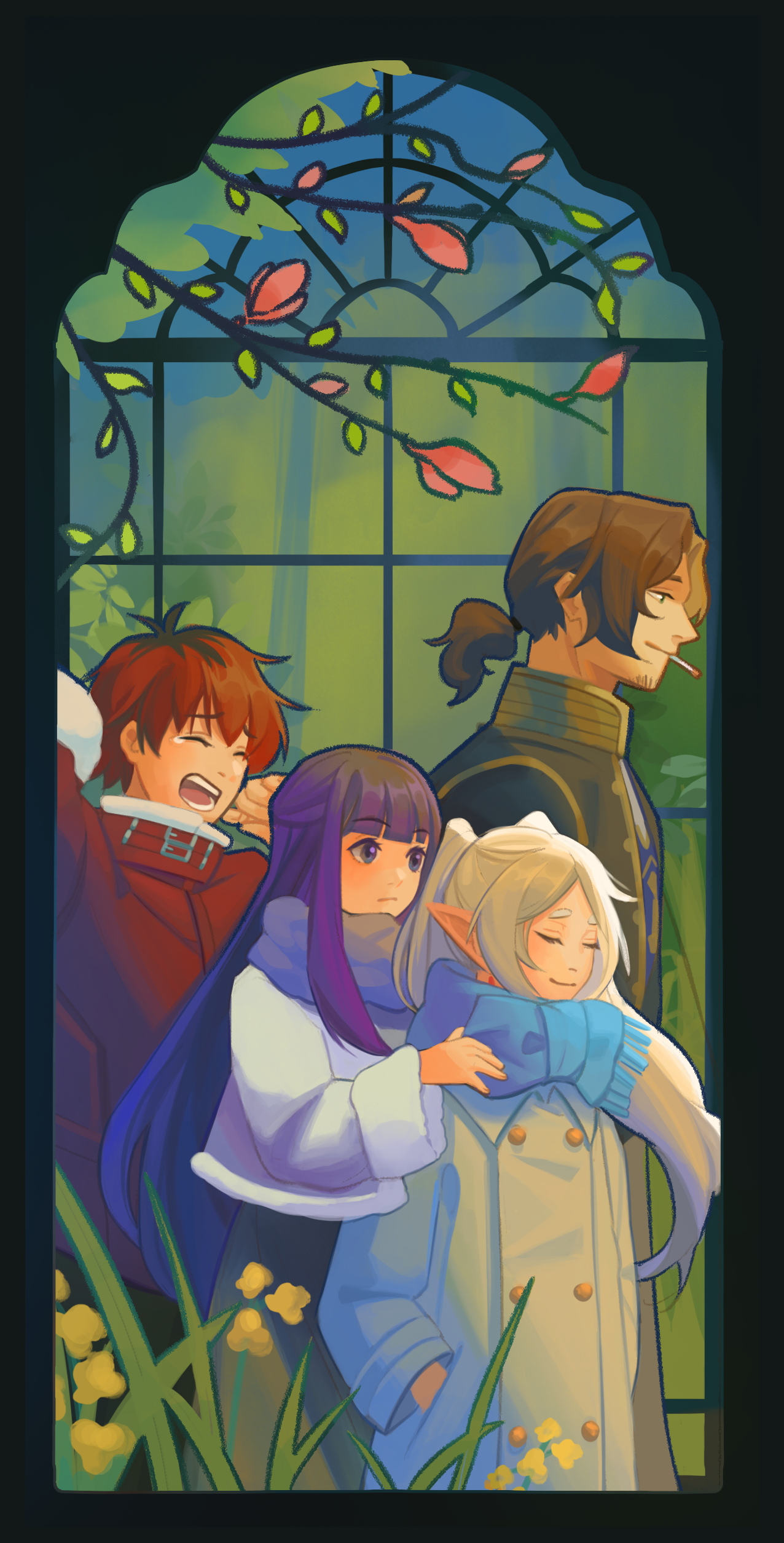 hanromi, fern (sousou no frieren), frieren, sein (sousou no frieren), stark (sousou no frieren), sousou no frieren, absurdres, commentary, english commentary, highres, 2boys, 2girls, black shirt, blue scarf, blunt bangs, brown hair, cigarette, closed eyes, closed mouth, elf, flower, fur-trimmed jacket, fur trim, grey hair, half updo, hand in pocket, hand on another's shoulder, hands up, jacket, long hair, medium hair, multiple boys, multiple girls, open mouth, pointy ears, ponytail, purple hair, purple jacket, purple scarf, red hair, scarf, shirt, short hair, smile, spring (season), stained glass, standing, twintails, very long hair, very short hair, yawning, yellow flower
