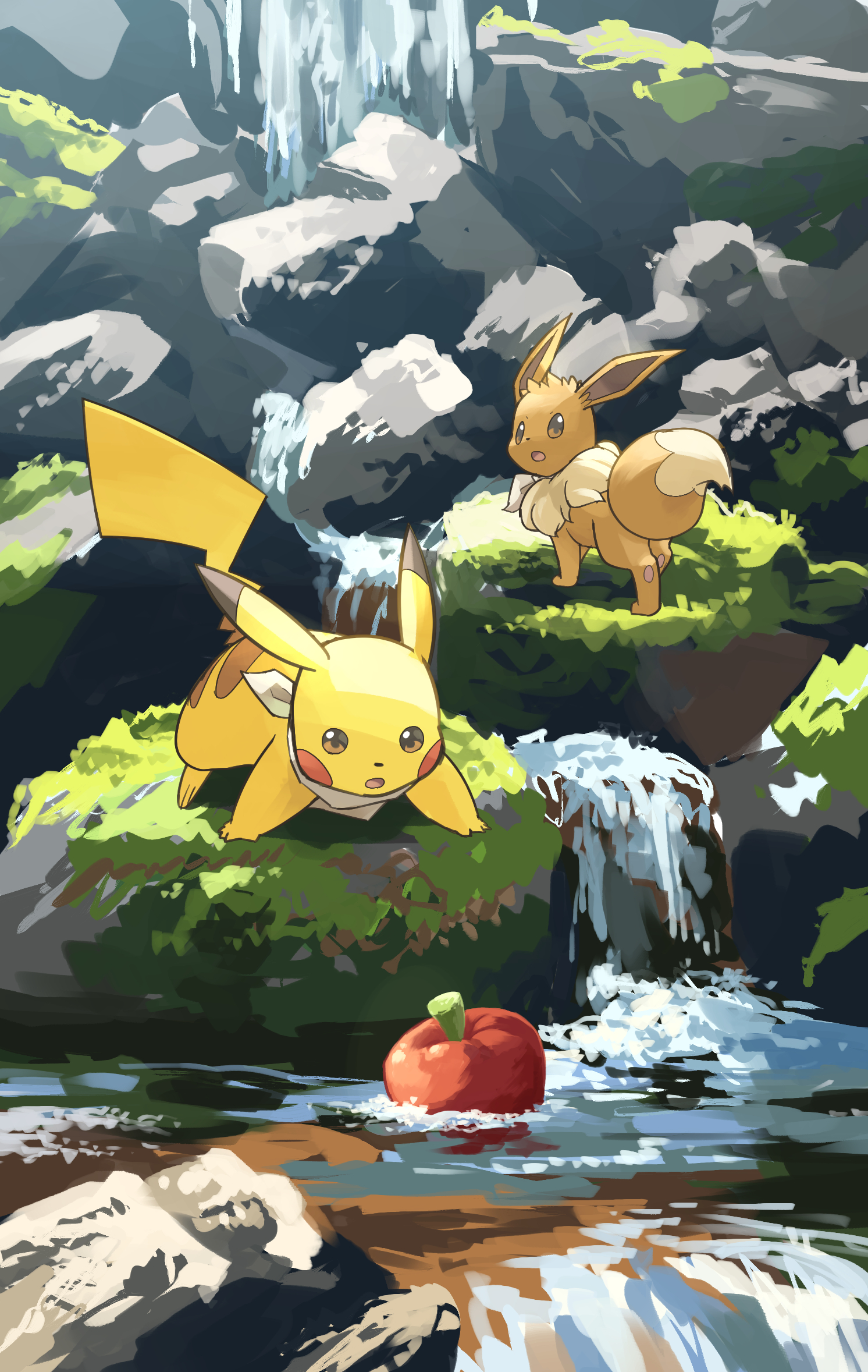 yamaori (hakkentai pokedan), eevee, pikachu, nintendo, pokemon, highres, apple, brown eyes, brown fur, day, food, fruit, gen 1 pokemon, moss, no humans, open mouth, outdoors, pokemon (creature), rock, two-tone fur, water, yellow fur