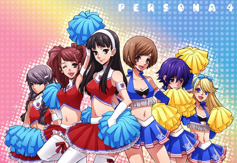 kuma yuu, amagi yukiko, kujikawa rise, kuma (persona 4), narukami yu, satonaka chie, shirogane naoto, atlus, osu! tatakae! ouendan, persona, persona 4, bad id, bad pixiv id, 2boys, 4girls, black eyes, black hair, blonde hair, blue eyes, blue hair, breasts, brown eyes, brown hair, cheerleader, cleavage, cosplay, crossdressing, detached sleeves, embarrassed, grey eyes, grey hair, large breasts, long hair, medium breasts, midriff, multiple boys, multiple girls, one eye closed, ouendan, pom pom (cheerleading), red hair, skirt, small breasts, thighhighs, trap, wink