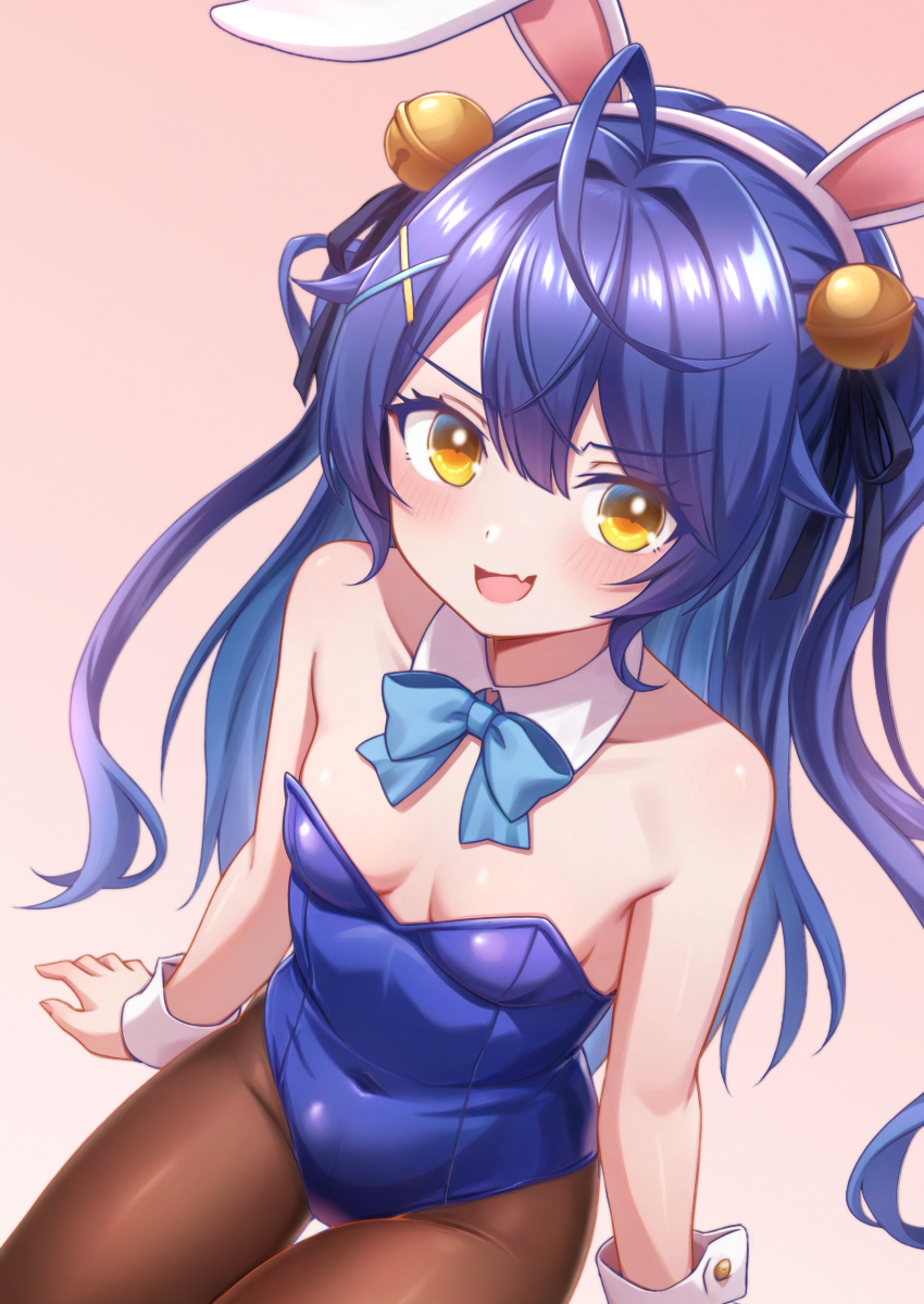 ryusei2u, amamiya kokoro, nijisanji, highres, ahoge, animal ears, bell, black pantyhose, blue bow, blue hair, blue leotard, bow, bowtie, breasts, covered navel, detached sleeves, fake animal ears, fang, hair bell, hair ornament, leotard, open mouth, pantyhose, pink background, playboy bunny, rabbit ears, simple background, skin fang, small breasts, x hair ornament, yellow eyes