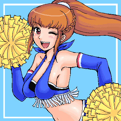hamu agaki, amemiya sayaka, osu! tatakae! ouendan, lowres, 1girl, :d, armpits, breasts, brown hair, cheerleader, cleavage, detached sleeves, female focus, medium breasts, midriff, oekaki, one eye closed, open mouth, ouendan, pink eyes, pom pom (cheerleading), smile, solo, wink