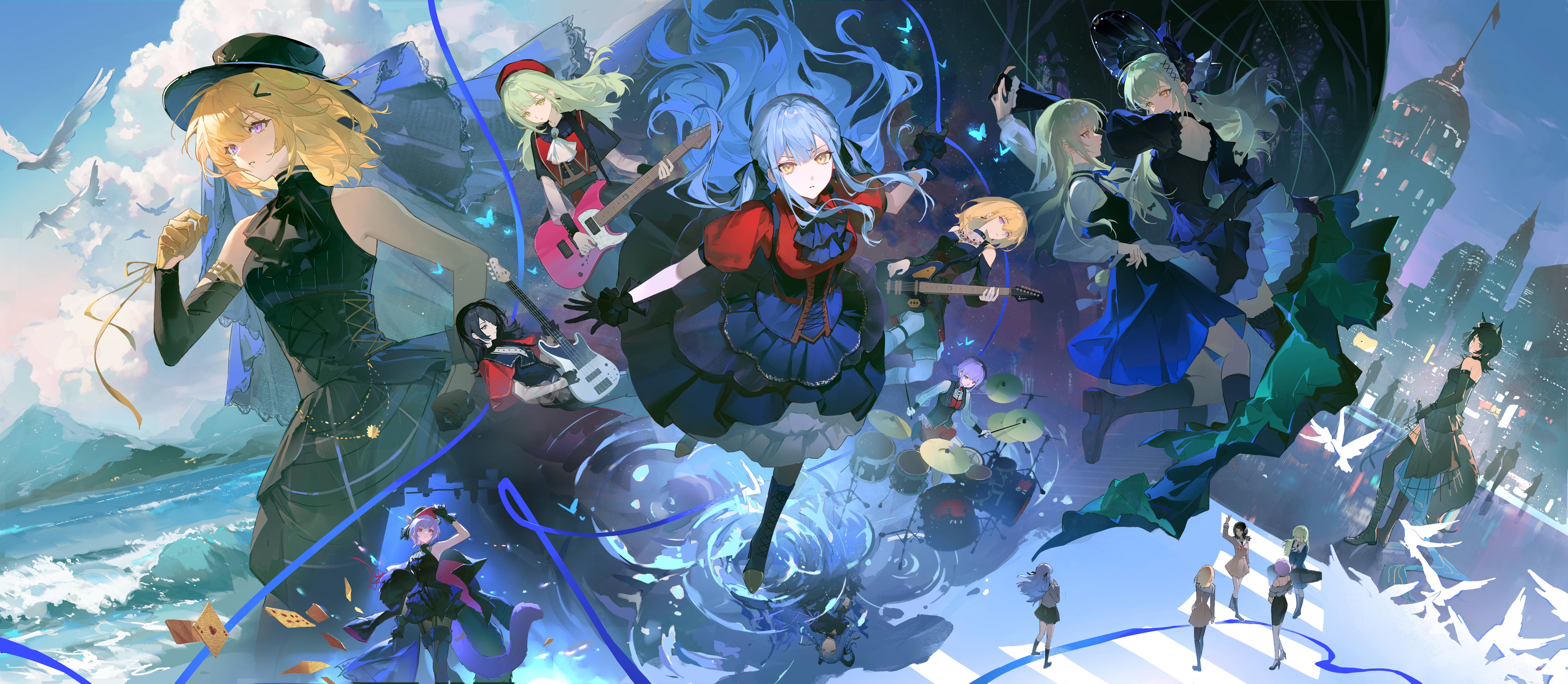 wu tang qishui zhuanying dian, amoris (bang dream!), doloris (bang dream!), misumi uika, misumi uika (caged singer), mortis (bang dream!), mortis (costume) (bang dream!), oblivionis (bang dream!), timoris (bang dream!), togawa sakiko, wakaba mutsumi, wakaba mutsumi (marionette's id), yahata umiri, yahata umiri (moonlight executioner), yuutenji nyamu, yuutenji nyamu (magician of passion), arknights, ave mujica (bang dream!), bang dream!, bang dream! it's mygo!!!!!, absurdres, commentary request, highres, incredibly absurdres, 6+girls, 7-string guitar, animal ears, arm up, ascot, asymmetrical gloves, bead necklace, beads, beret, bird, black ascot, black bonnet, black boots, black capelet, black choker, black corset, black dress, black gloves, black hair, black hat, black pantyhose, black ribbon, black skirt, black socks, black thighhighs, blonde hair, blue eyes, blue hair, blue skirt, blue string, bonnet, boots, breasts, brooch, brown dress, capelet, cat ears, cat girl, choker, closed mouth, corset, crosswalk, detached sleeves, dog ears, dog girl, dress, drum, drum set, dual persona, electric guitar, everyone, extended range guitar, floating hair, fur-trimmed boots, fur trim, garter straps, gloves, green hair, green skirt, grey jacket, grey neckerchief, grey shirt, guitar, guitar case, hair between eyes, hair ornament, hair ribbon, hairclip, hanasakigawa school uniform, haneoka school uniform, hat, holding, holding instrument, holding knife, holding plectrum, instrument, instrument case, jacket, jewelry, kneehighs, knife, long hair, long sleeves, medium breasts, medium hair, mismatched gloves, multiple girls, neckerchief, necklace, off-shoulder shirt, off shoulder, open mouth, pantyhose, people, pinafore dress, pink eyes, playing drum, plectrum, puffy short sleeves, puffy sleeves, purple eyes, purple hair, rabbit ears, rabbit girl, red capelet, red hat, red shirt, red shorts, ribbon, sailor dress, school uniform, shirt, short sleeves, shorts, single detached sleeve, sitting, skirt, sleeveless, sleeveless dress, socks, standing, tail, thigh boots, thighhighs, tsukinomori school uniform, white ascot, white shirt, white socks, wolf ears, wolf girl, wolf tail, x hair ornament, yellow eyes, yellow gloves