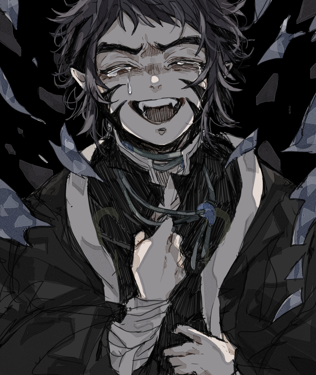kaigaku, kimetsu no yaiba, highres, 1boy, bandaged wrist, bandages, black hair, black haori, black jacket, crying, facial tattoo, facing viewer, hand up, haori, jacket, japanese clothes, laughing, male focus, open mouth, red tattoo, short hair, smile, solo, spiked hair, tattoo, tears, teeth, thick eyebrows, upper body, yakitorisan09