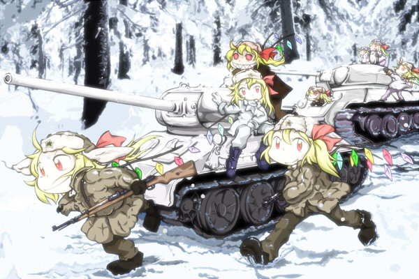 pon (kinoko), flandre scarlet, t-34, touhou, vehicle, 6+girls, blonde hair, bolt action, caterpillar tracks, clone, female focus, fur hat, gun, hat, mauser 98, military, military vehicle, mosin-nagant, motor vehicle, multiple girls, multiple persona, rifle, sharp teeth, snow, soviet, star (symbol), submachine gun, tank, teeth, tree, ushanka, war, weapon, wings