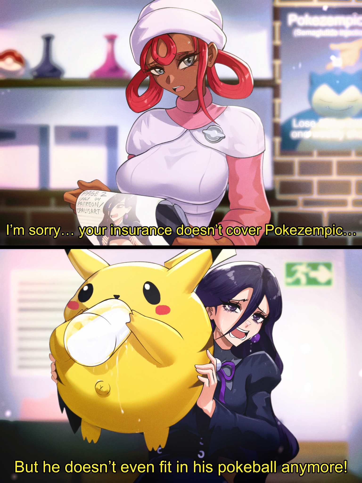 opalis, hex maniac (pokemon), hex maniac (pokemon legends: z-a), joy (pokemon), pikachu, snorlax, nintendo, pokemon, pokemon legends: z-a, highres, alternate breast size (larger), black corset, black dress, black hair, blurry, bottle, breasts, corset, cup, dark-skinned female, dark skin, depth of field, dress, drinking glass, earrings, fat pikachu, gen 1 pokemon, grey eyes, hair between eyes, hair rings, hat, holding, holding pokemon, jewelry, joy (pokemon legends: z-a), juliet sleeves, large breasts, large earrings, long hair, long sleeves, milk, milk bottle, neck ribbon, nurse cap, pink hair, pink shirt, pokemon (creature), pokemon center, poster (object), puffy sleeves, purple eyes, purple ribbon, ribbon, shirt, single sidelock, sphere earrings, turtleneck, very dark skin, white dress