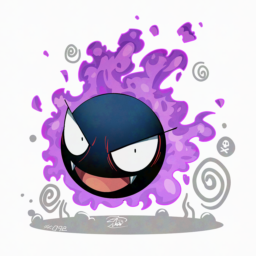 mistray-art, gastly, nintendo, pokemon, fangs, full body, gen 1 pokemon, looking at viewer, no humans, open mouth, pokemon (creature), signature, simple background, solo, white background