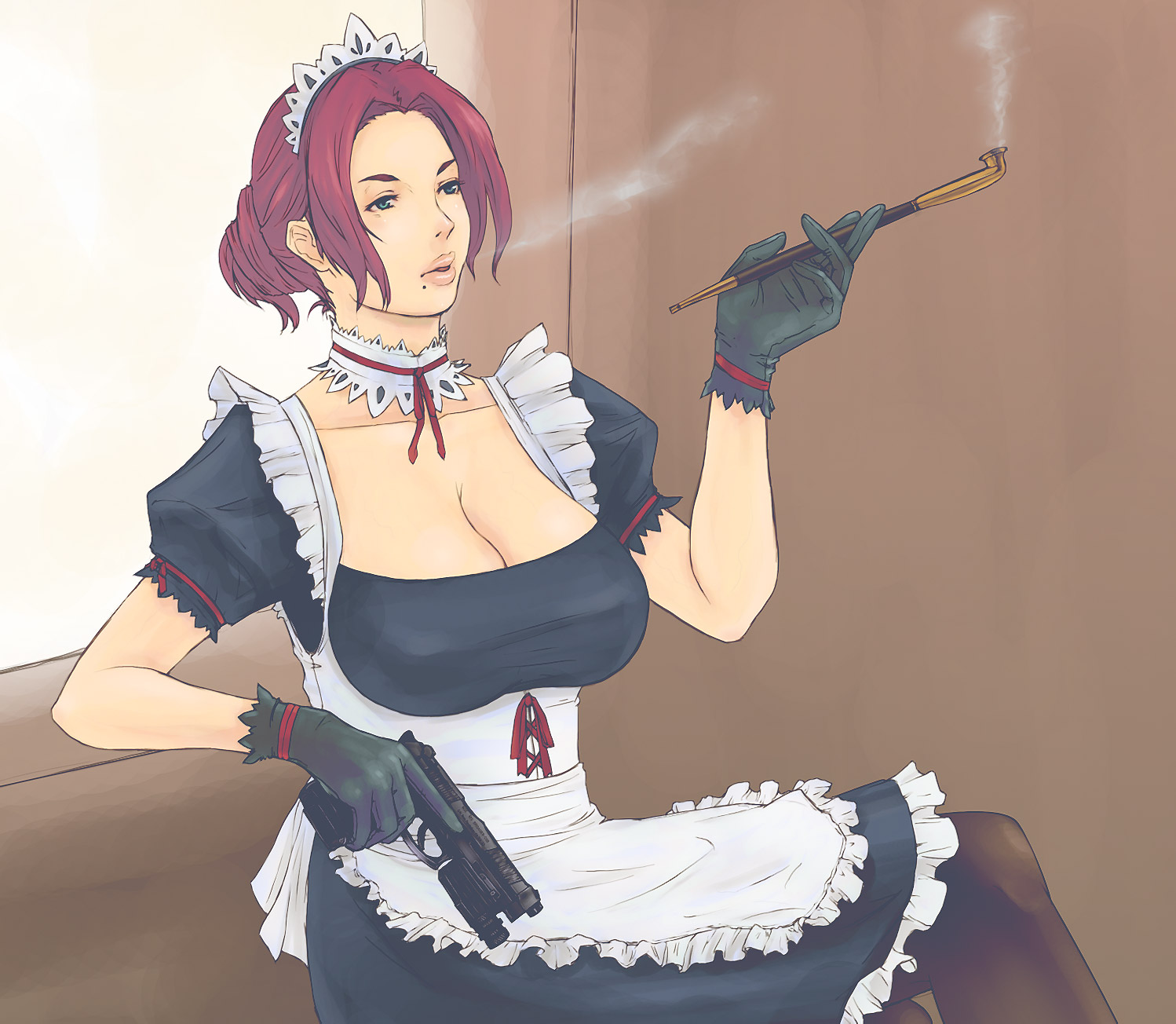 alva, highres, 1girl, breasts, female focus, gloves, gun, handgun, holding, holding gun, holding smoking pipe, holding weapon, kiseru, large breasts, maid, pantyhose, pistol, smoking, smoking pipe, solo, trigger discipline, weapon