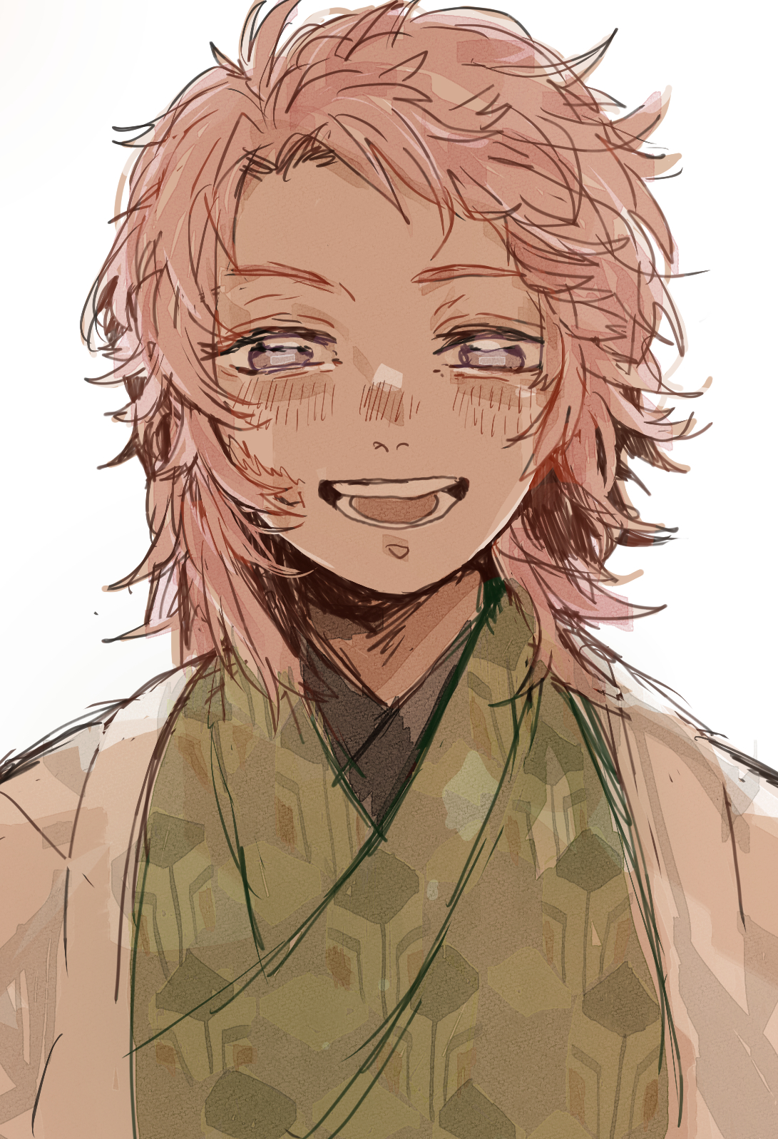sabito (kimetsu), kimetsu no yaiba, highres, 1boy, green kimono, haori, japanese clothes, kimono, long hair, looking at viewer, male focus, open mouth, orange hair, purple eyes, simple background, sketch, smile, solo, spiked hair, teeth, tongue, upper body, white background, white haori, yakitorisan09