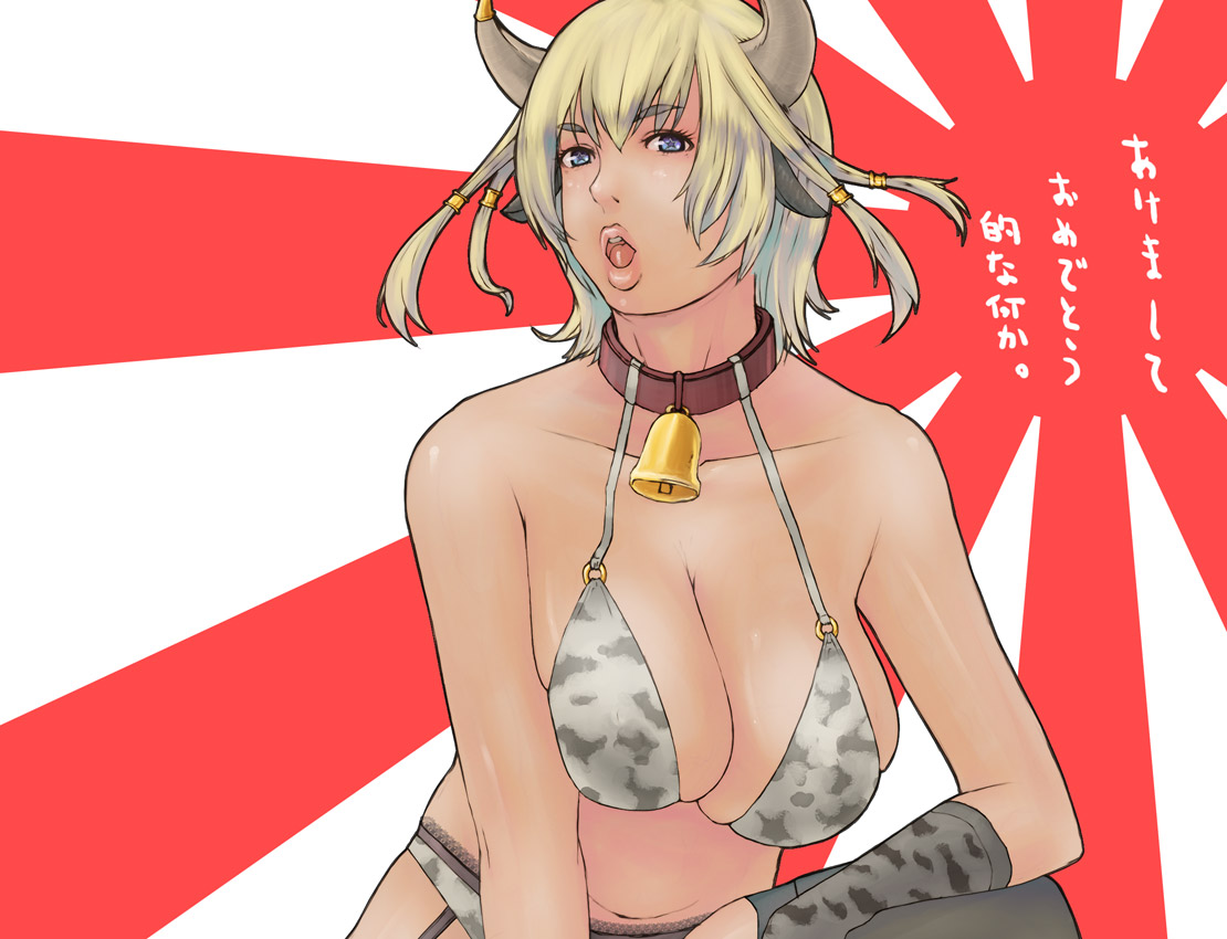 alva, original, 1girl, animal print, bell, blonde hair, blue eyes, breasts, cleavage, cow print, curvy, female focus, horns, large breasts, lips, open mouth, short hair, solo