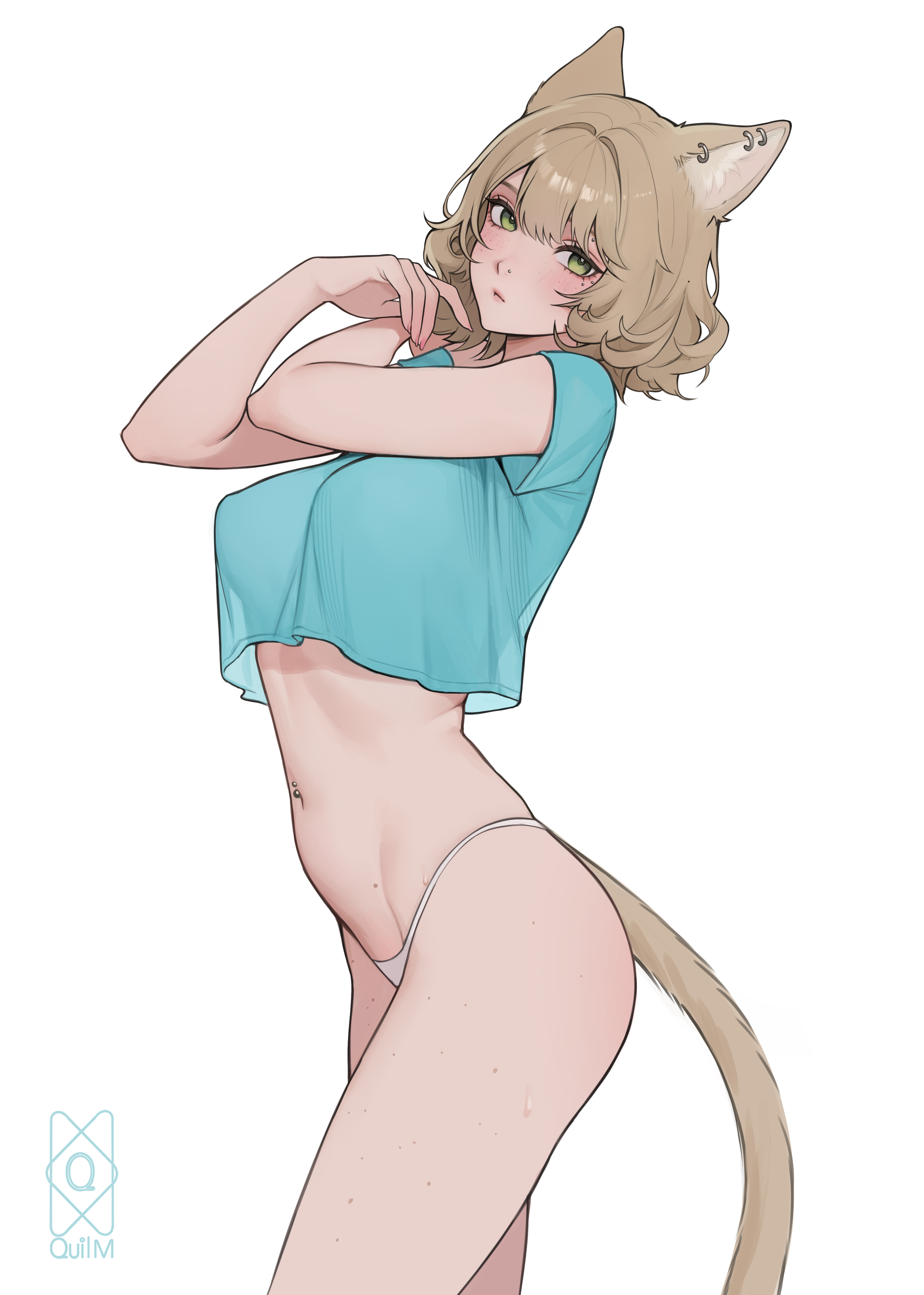 quilm, original, absurdres, highres, 1girl, animal ear piercing, animal ears, blonde hair, blue shirt, body freckles, breasts, cat ears, cat girl, cat tail, crop top, face piercing, freckles, green eyes, large breasts, looking at viewer, navel piercing, nose piercing, panties, piercing, shirt, short hair, simple background, solo, tail, underwear, white background, white panties