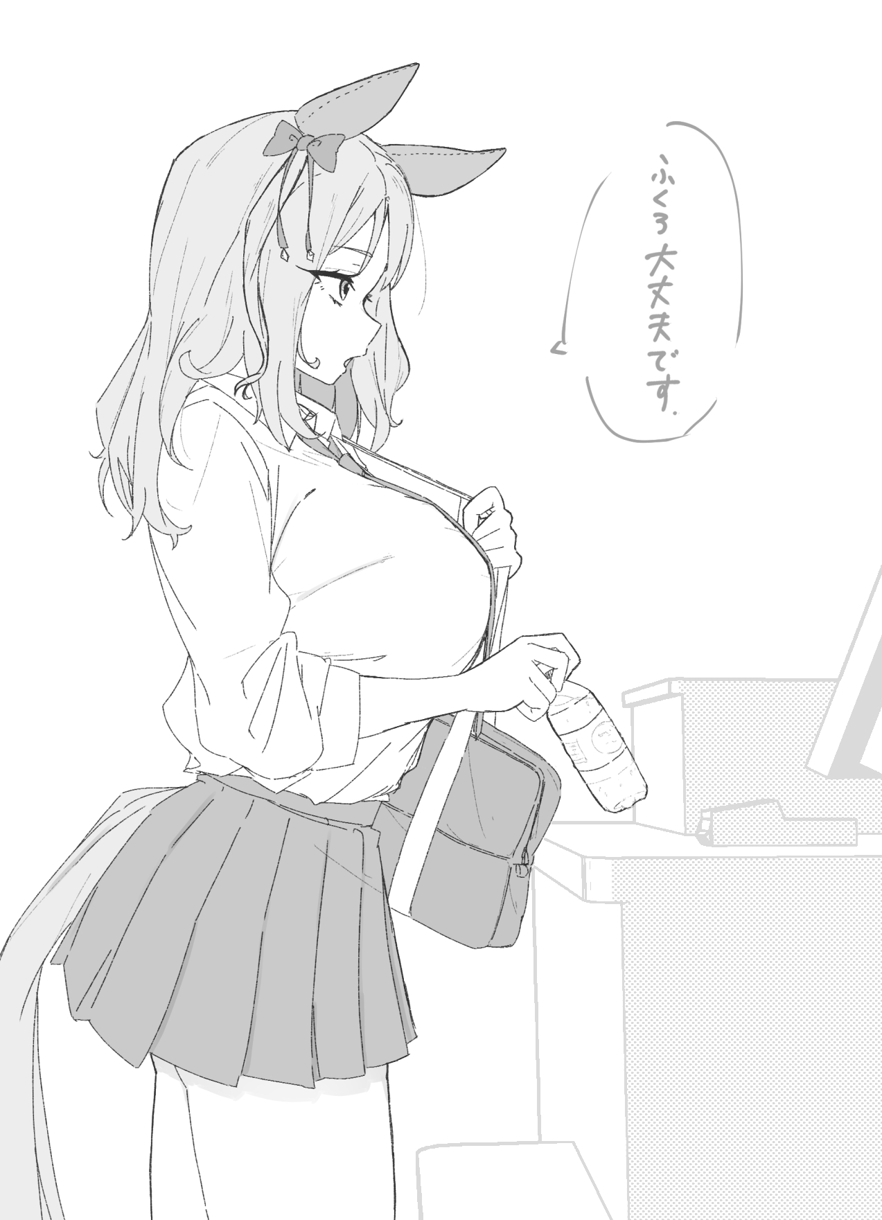 takapachi.jp, king halo (umamusume), umamusume, commentary, highres, translated, 1girl, alternate breast size (larger), animal ears, bag, bottle, breasts, counter, cowboy shot, ear covers, holding, holding bottle, horse ears, horse girl, horse tail, huge breasts, miniskirt, monochrome, necktie, pleated skirt, school bag, school uniform, skirt, solo, tail, water bottle