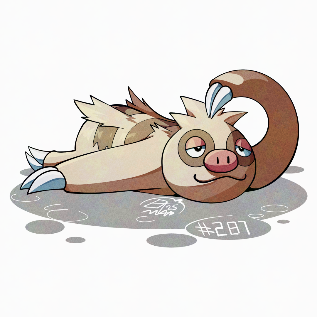 mistray-art, slakoth, nintendo, pokemon, brown fur, claws, gen 3 pokemon, lying, numbered, on stomach, pokemon (creature), signature, simple background, solo, two-tone fur, white background