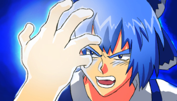 cirno, domon kasshu, embodiment of scarlet devil, g gundam, gundam, touhou, bad id, bad pixiv id, lowres, 1girl, blue hair, female focus, foreshortening, glowing, glowing hand, gradient background, parody, solo