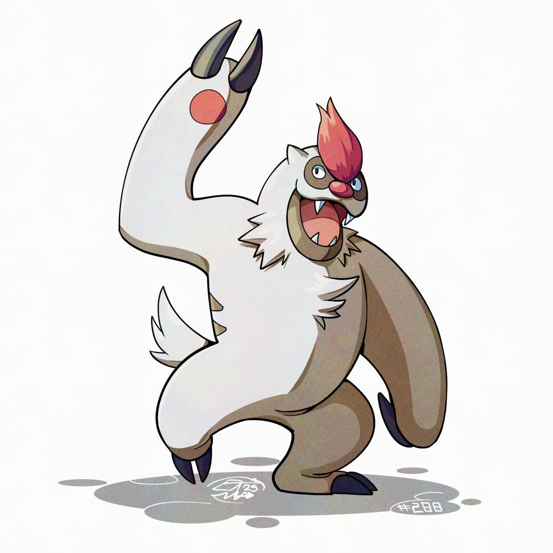 mistray-art, vigoroth, nintendo, pokemon, claws, fangs, full body, gen 3 pokemon, no humans, numbered, open mouth, pokemon (creature), signature, simple background, solo, standing, white background, white fur